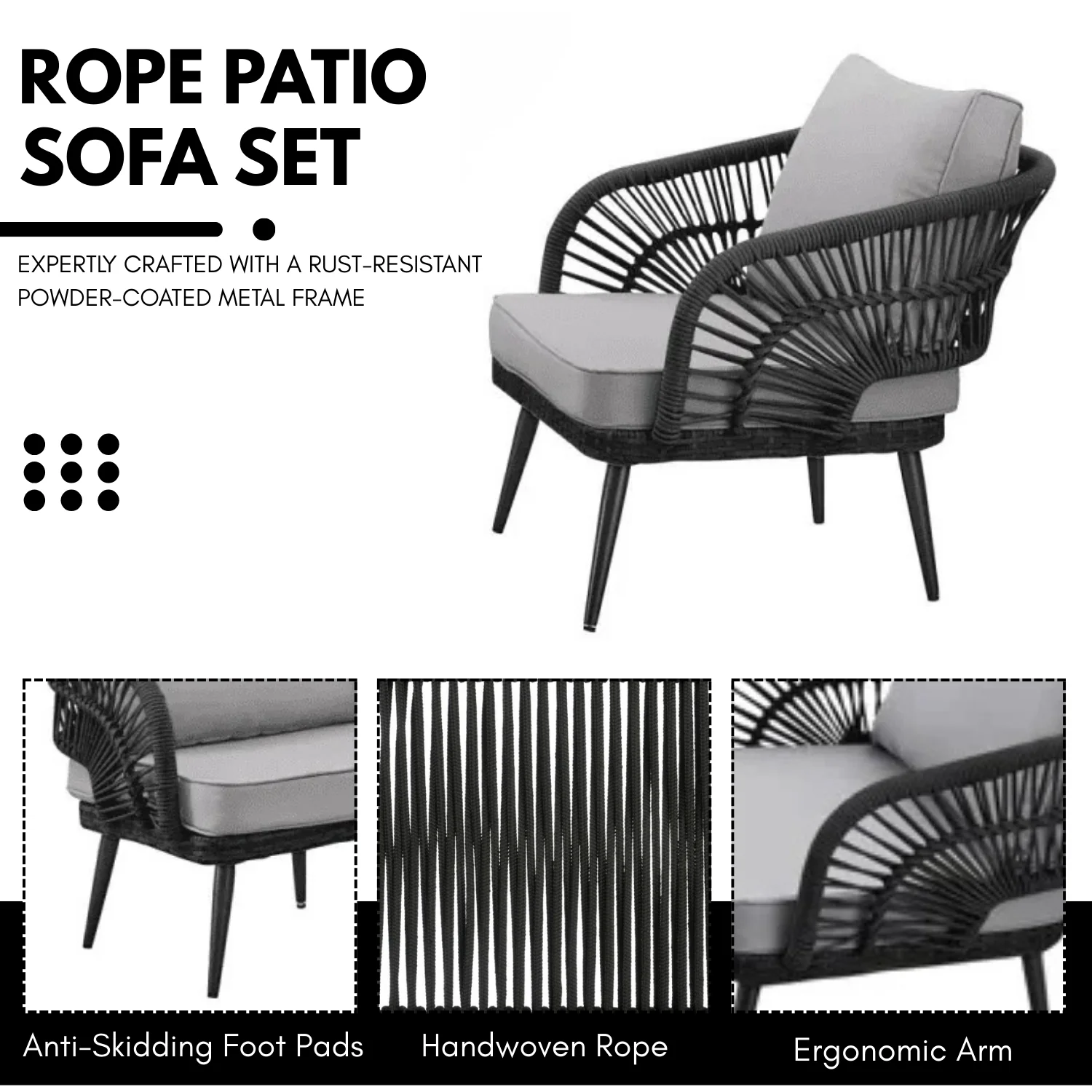 Outdoor Rope 4-Piece Patio Sofa Set with Glass Top Table (Black/Light Grey) - Image 6