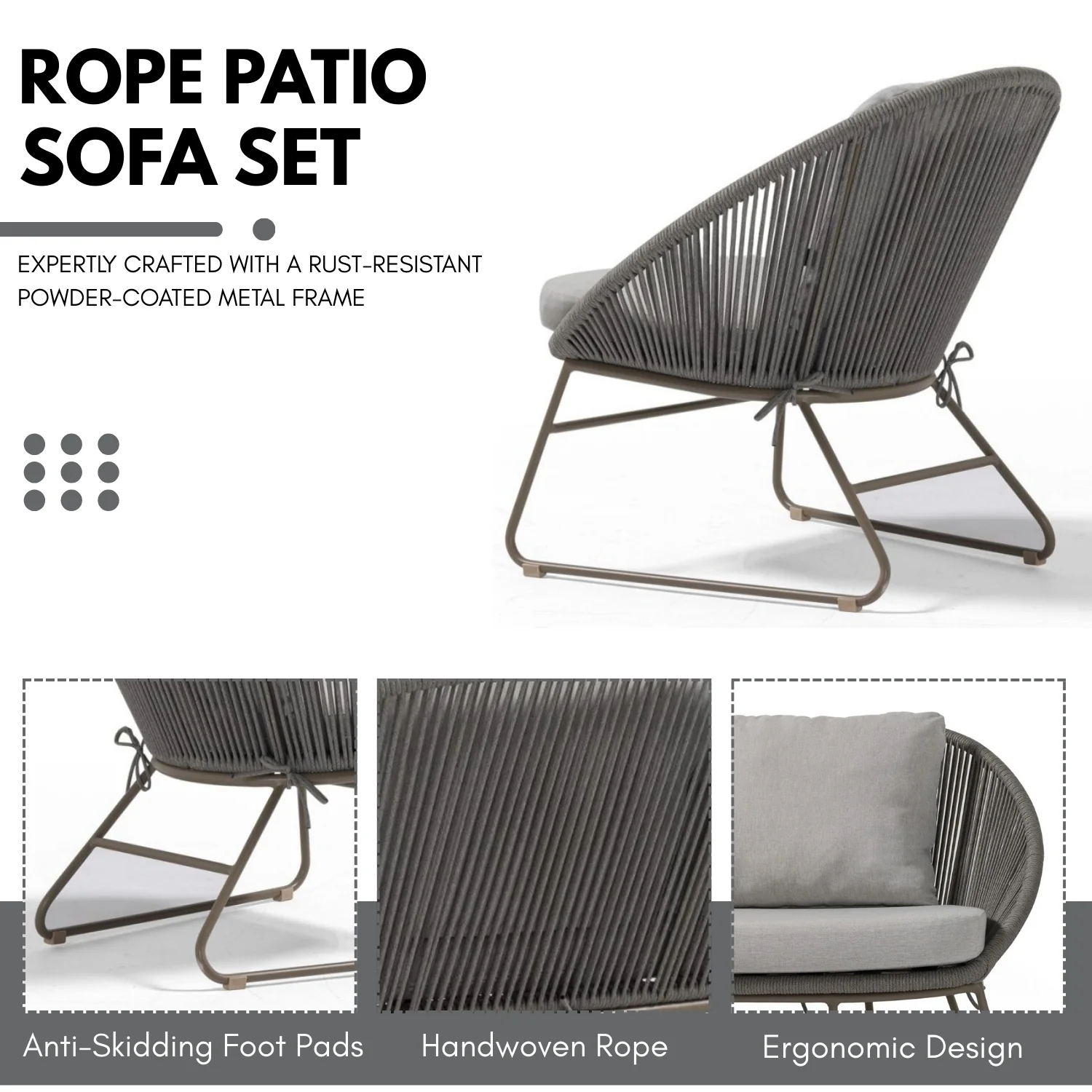 Outdoor Rope 4-Piece Patio Sofa Set with Glass Top Tables - Image 6