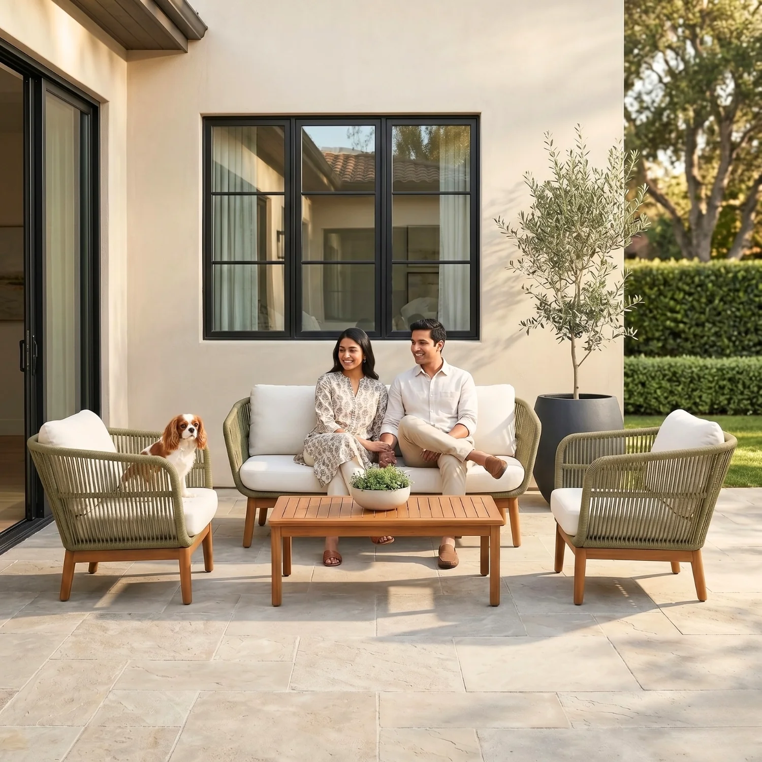 Outdoor Rope 4-Piece Patio Sofa Set with Wooden Legs & Coffee Table - Image 11