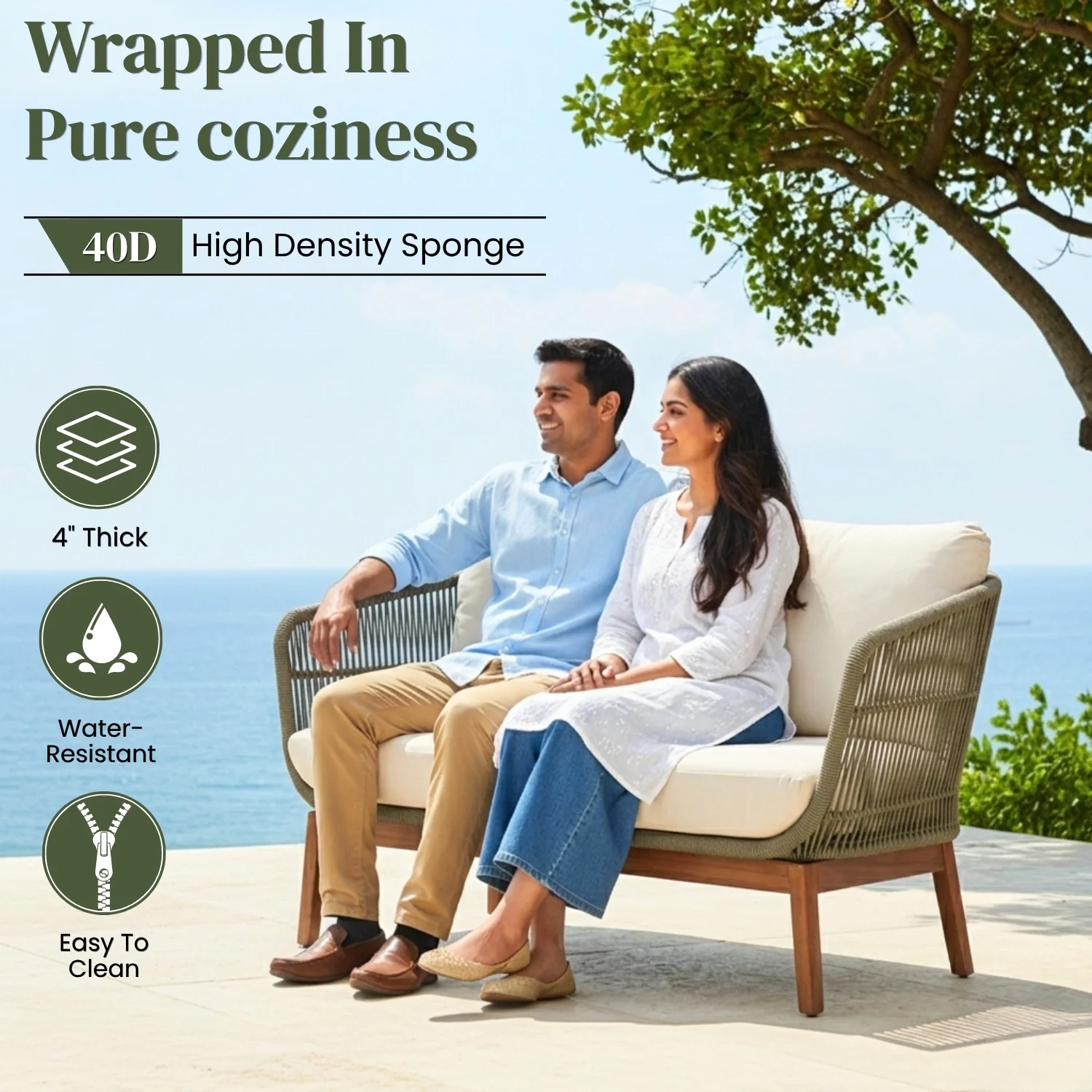 Outdoor Rope 4-Piece Patio Sofa Set with Wooden Legs & Coffee Table - Image 5