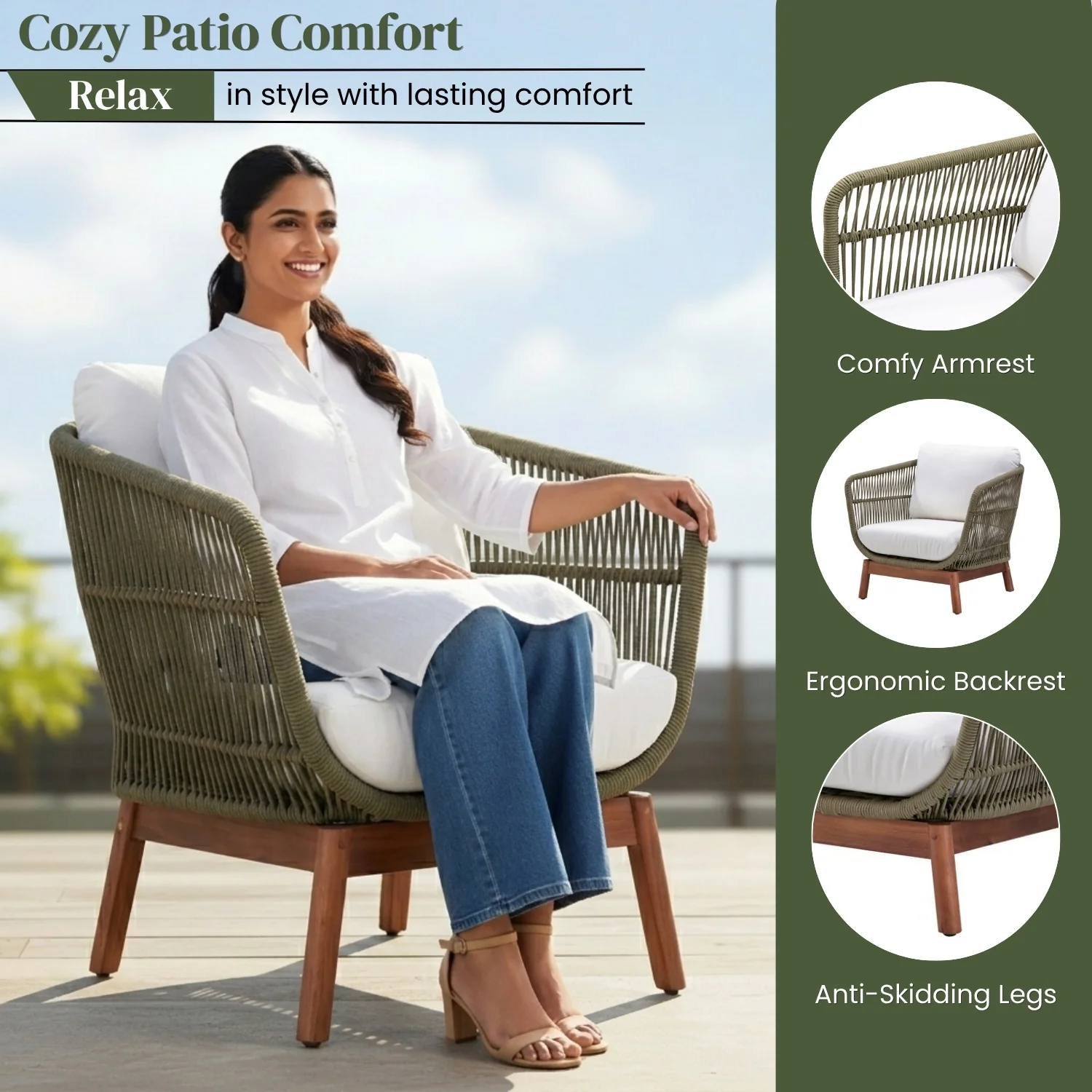 Outdoor Rope 4-Piece Patio Sofa Set with Wooden Legs & Coffee Table - Image 6