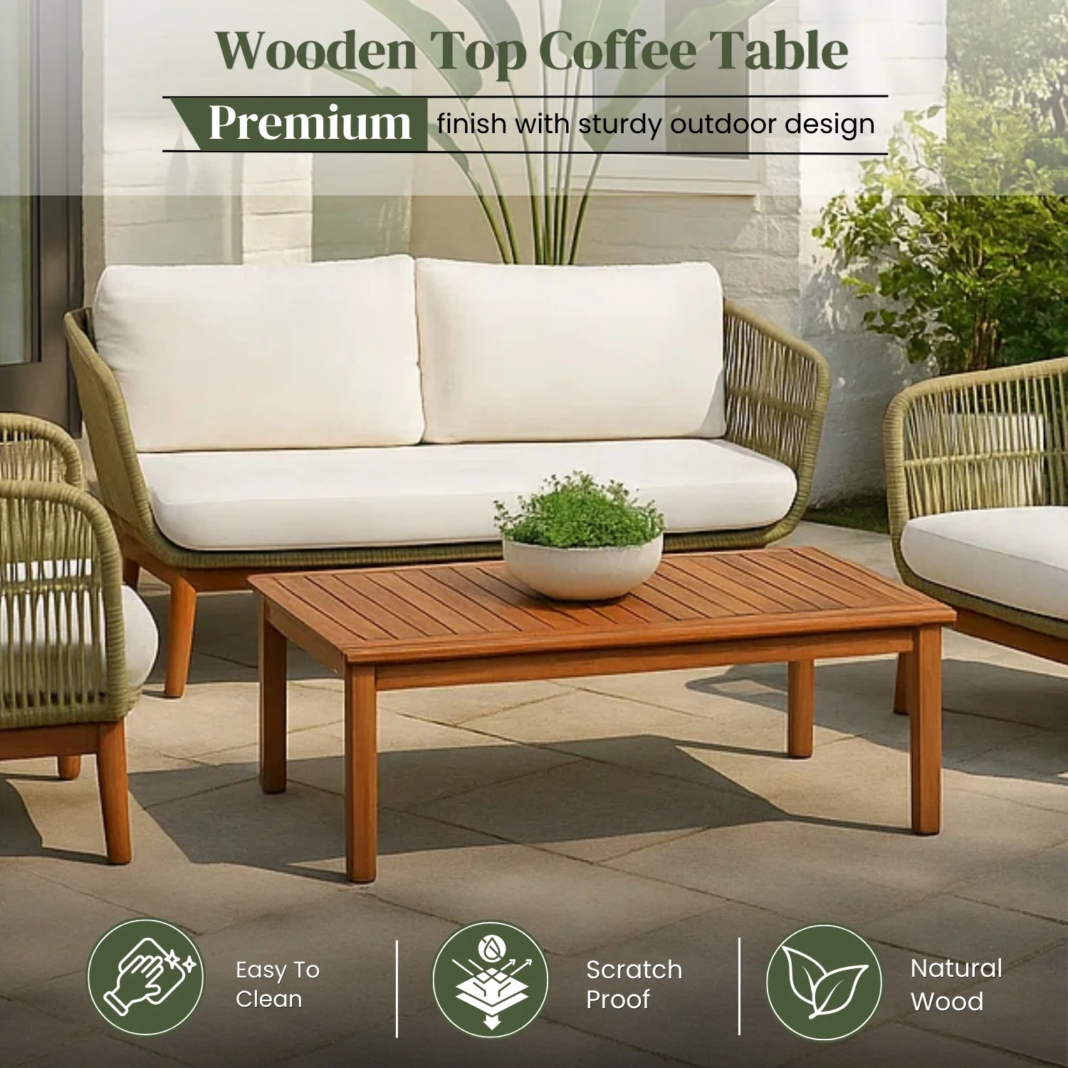 Outdoor Rope 4-Piece Patio Sofa Set with Wooden Legs & Coffee Table - Image 7