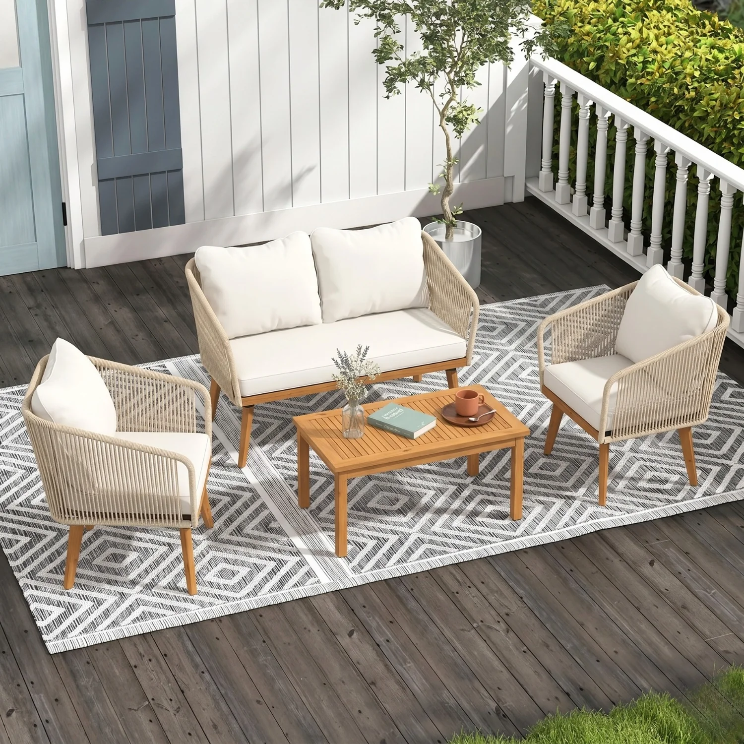 Outdoor Rope 4-Piece Patio Sofa Set with Wooden Legs & Coffee Table (Platinum & Off-White) - Image 11