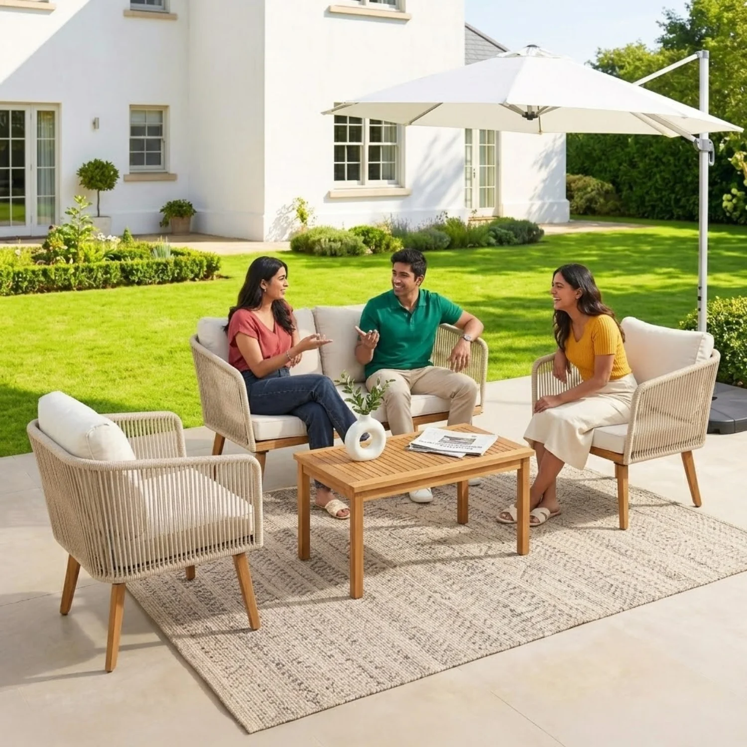 Outdoor Rope 4-Piece Patio Sofa Set with Wooden Legs & Coffee Table (Platinum & Off-White) - Image 12