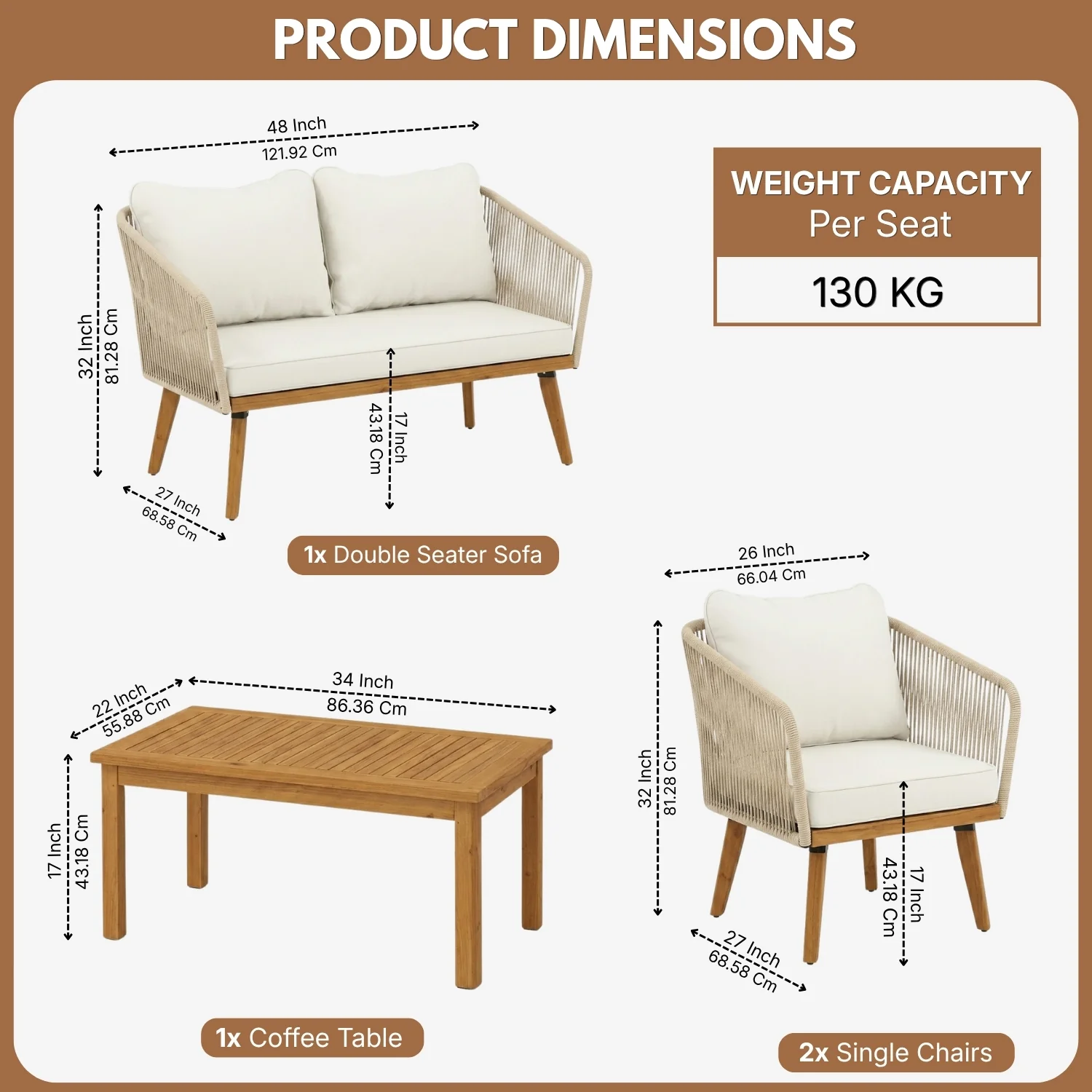 Outdoor Rope 4-Piece Patio Sofa Set with Wooden Legs & Coffee Table (Platinum & Off-White) - Image 2