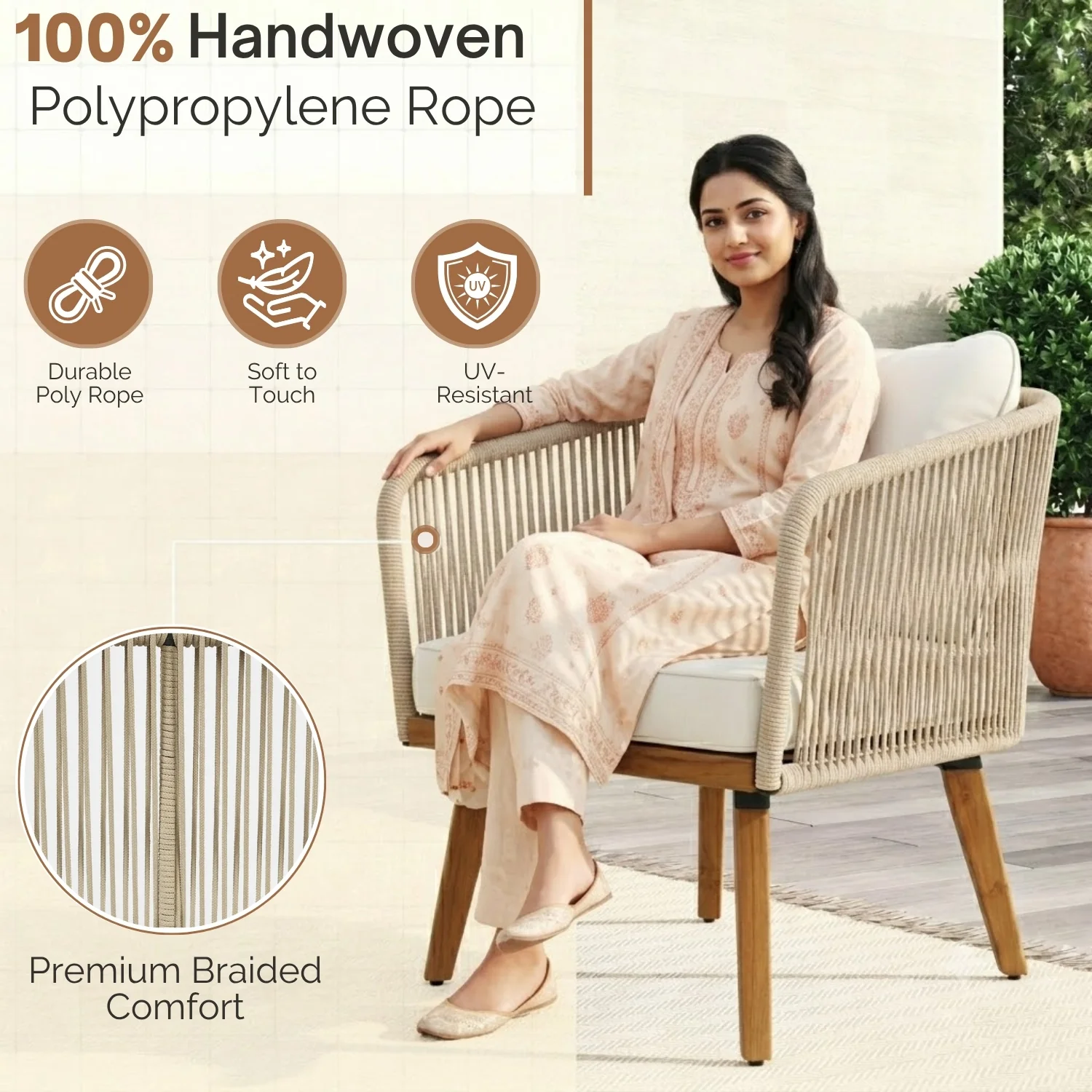 Outdoor Rope 4-Piece Patio Sofa Set with Wooden Legs & Coffee Table (Platinum & Off-White) - Image 3