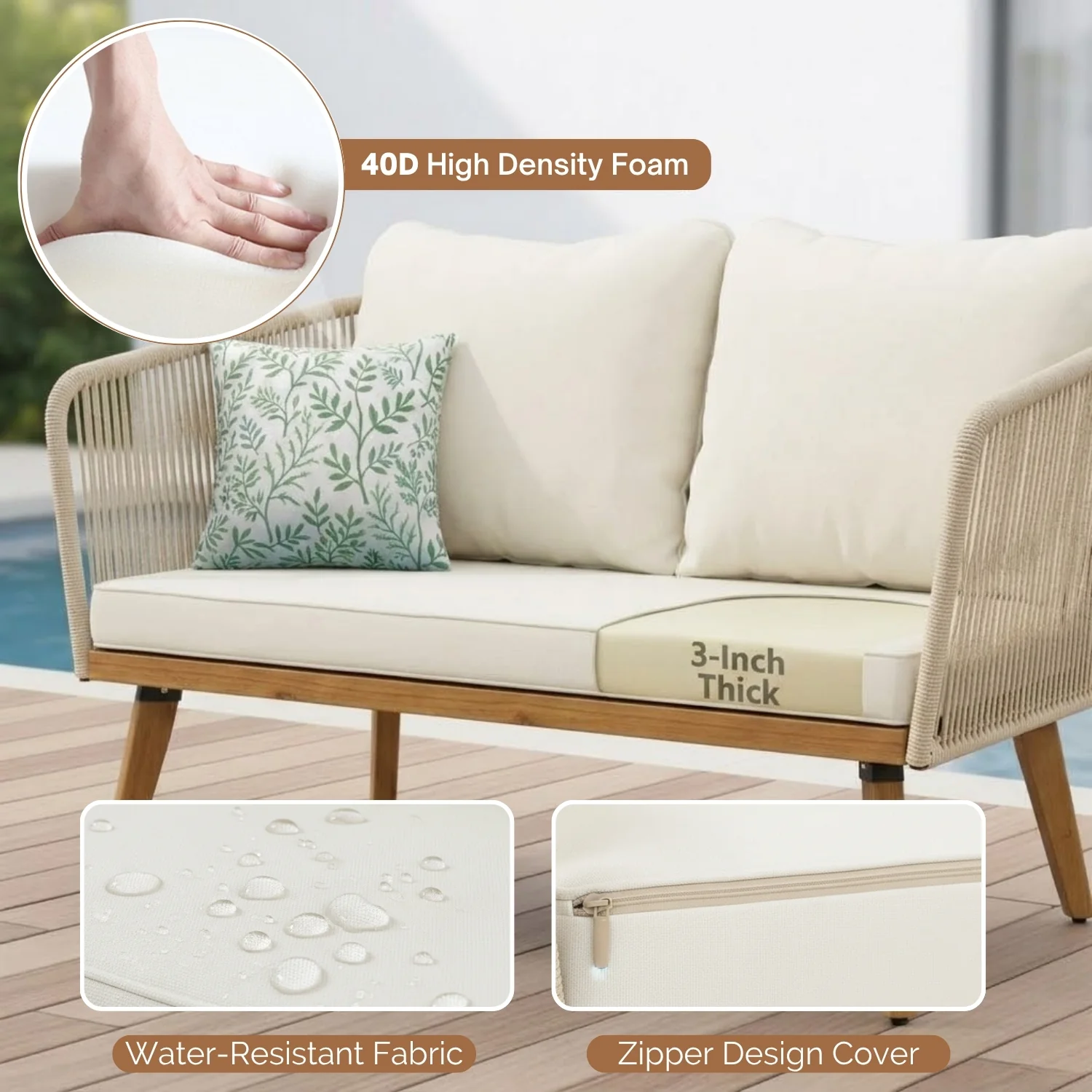 Outdoor Rope 4-Piece Patio Sofa Set with Wooden Legs & Coffee Table (Platinum & Off-White) - Image 4