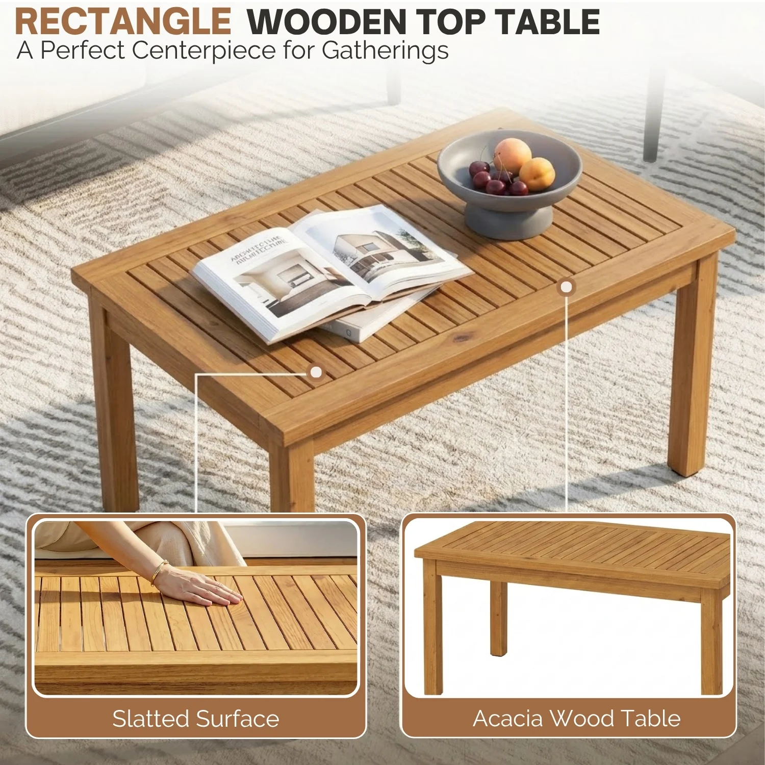 Outdoor Rope 4-Piece Patio Sofa Set with Wooden Legs & Coffee Table (Platinum & Off-White) - Image 6