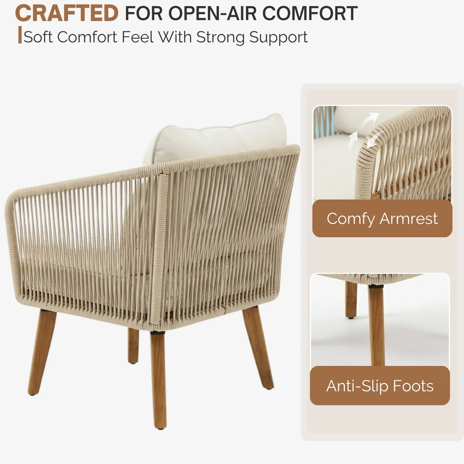 Outdoor Rope 4-Piece Patio Sofa Set with Wooden Legs & Coffee Table (Platinum & Off-White) - Image 7