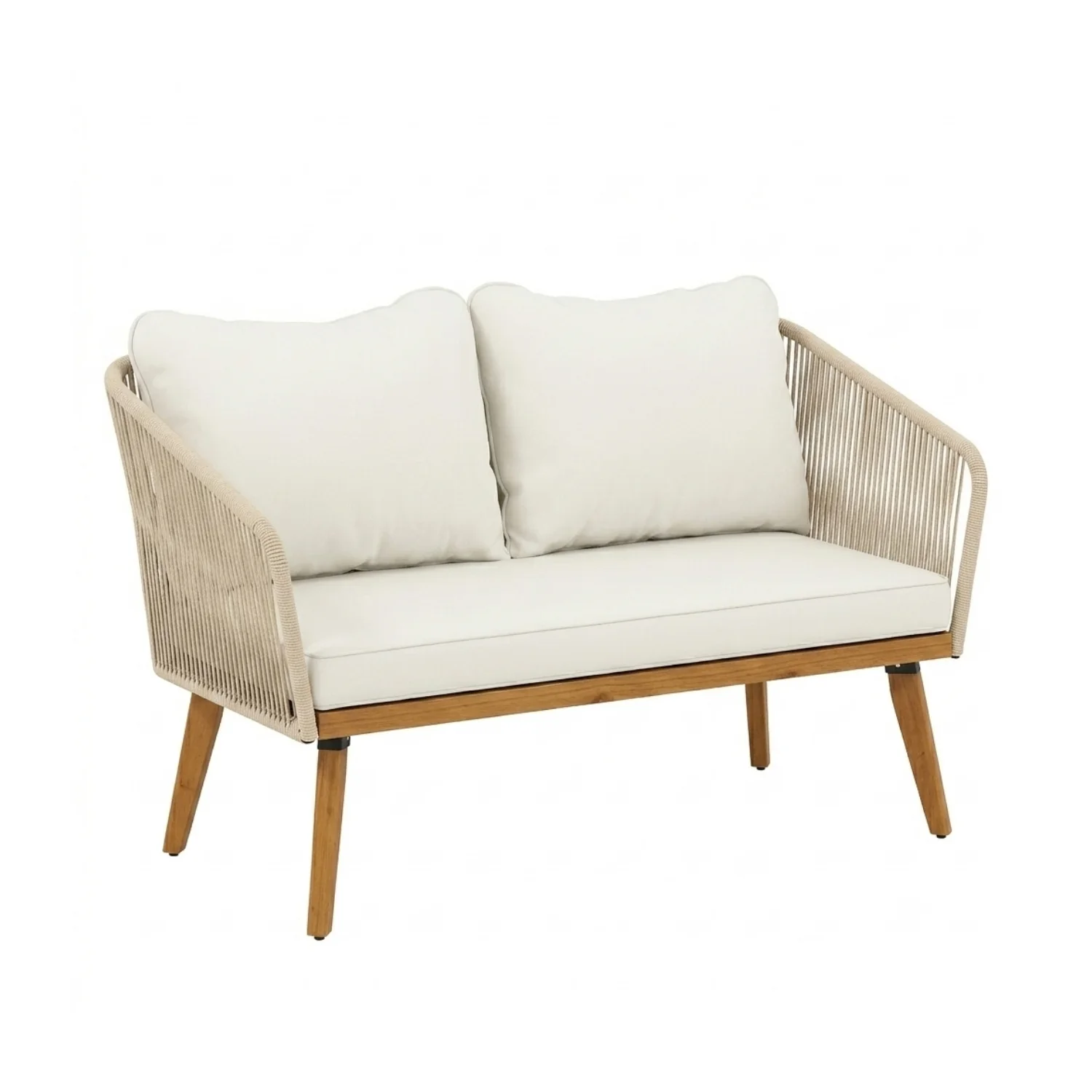 Outdoor Rope 4-Piece Patio Sofa Set with Wooden Legs & Coffee Table (Platinum & Off-White) - Image 8