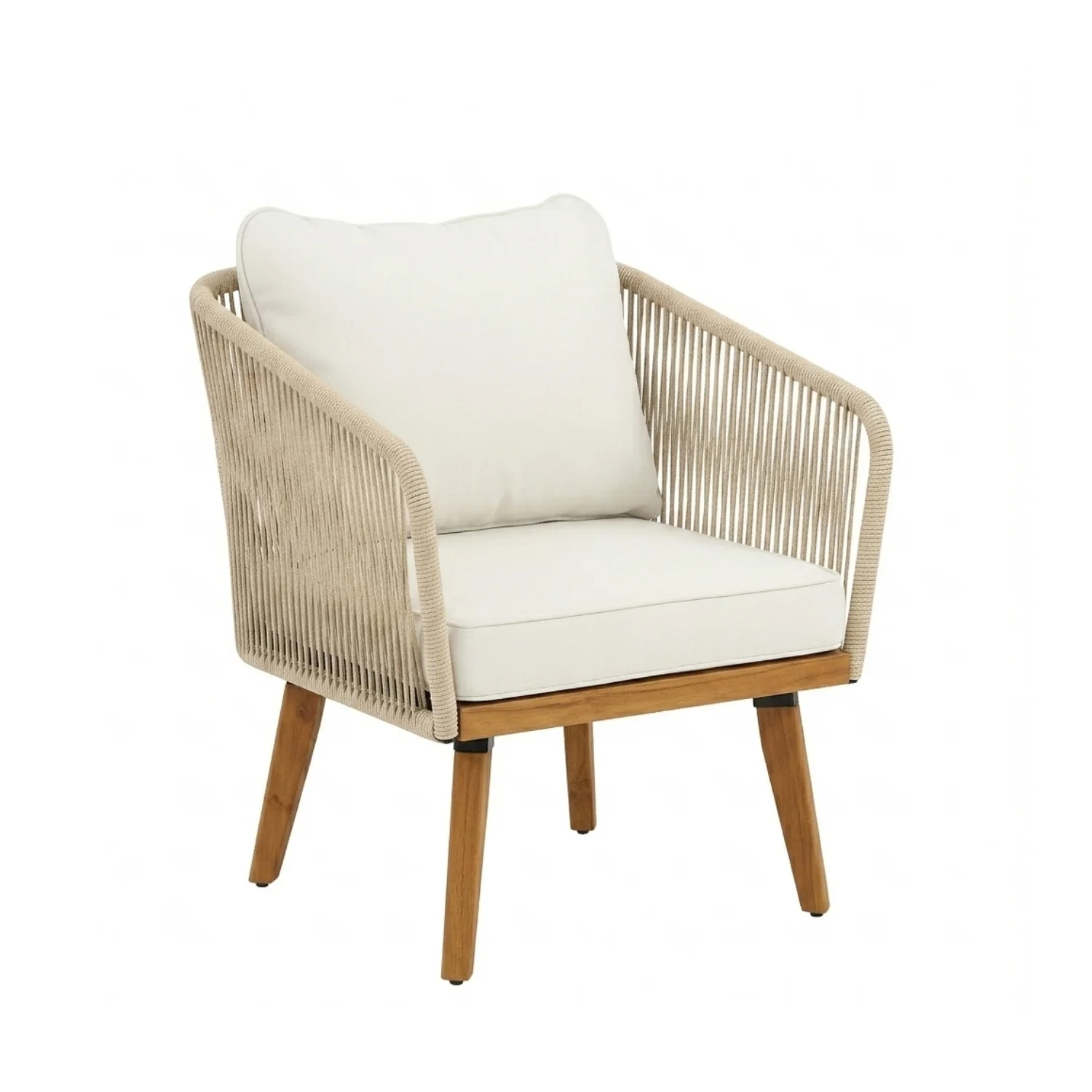 Outdoor Rope 4-Piece Patio Sofa Set with Wooden Legs & Coffee Table (Platinum & Off-White) - Image 9