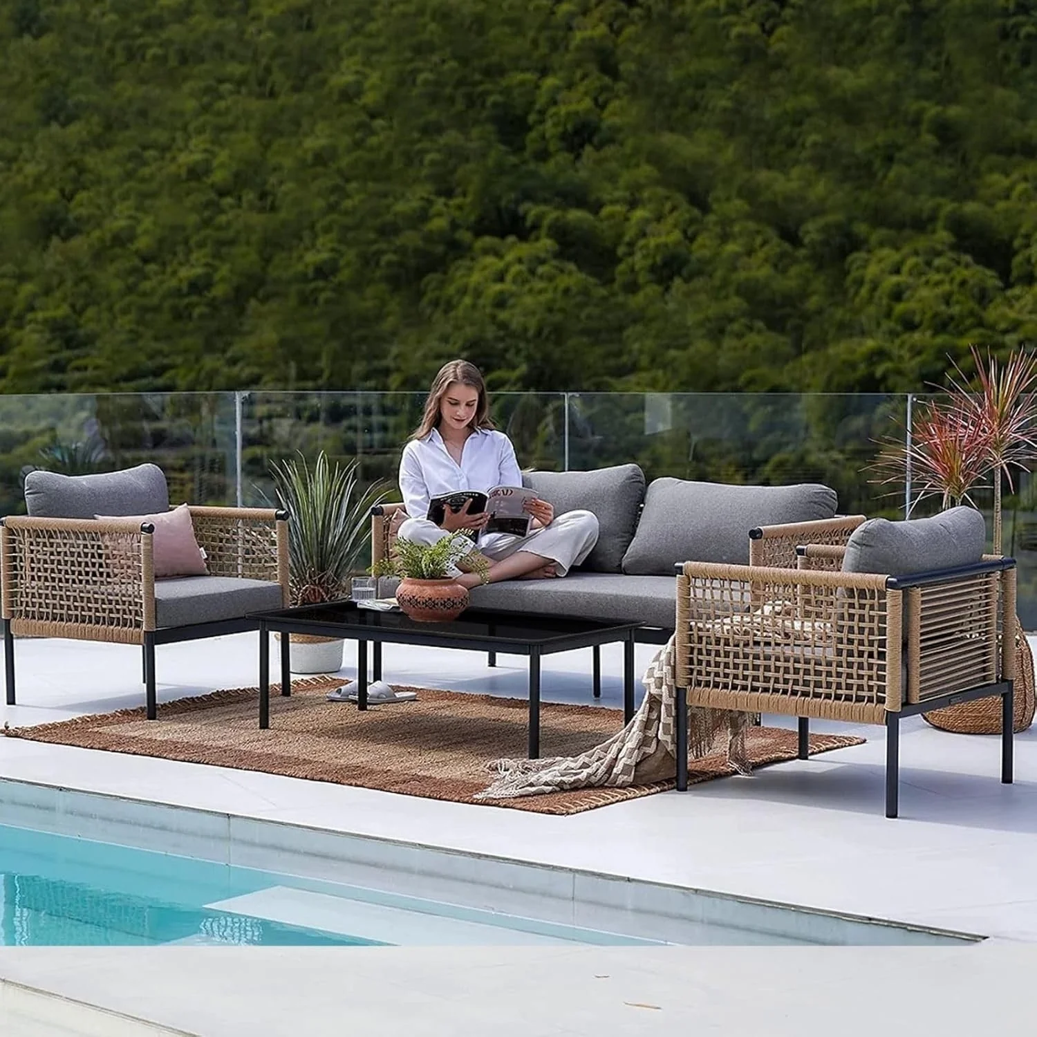 Outdoor Rope 4 Piece Sofa Set (Beige & Grey) - Image 12
