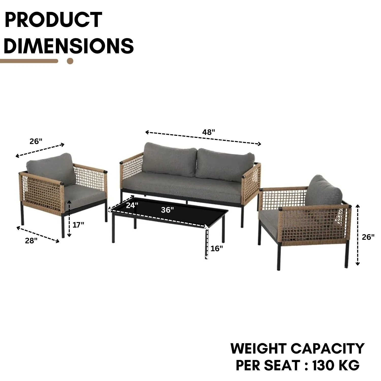 Outdoor Rope 4 Piece Sofa Set (Beige & Grey) - Image 2