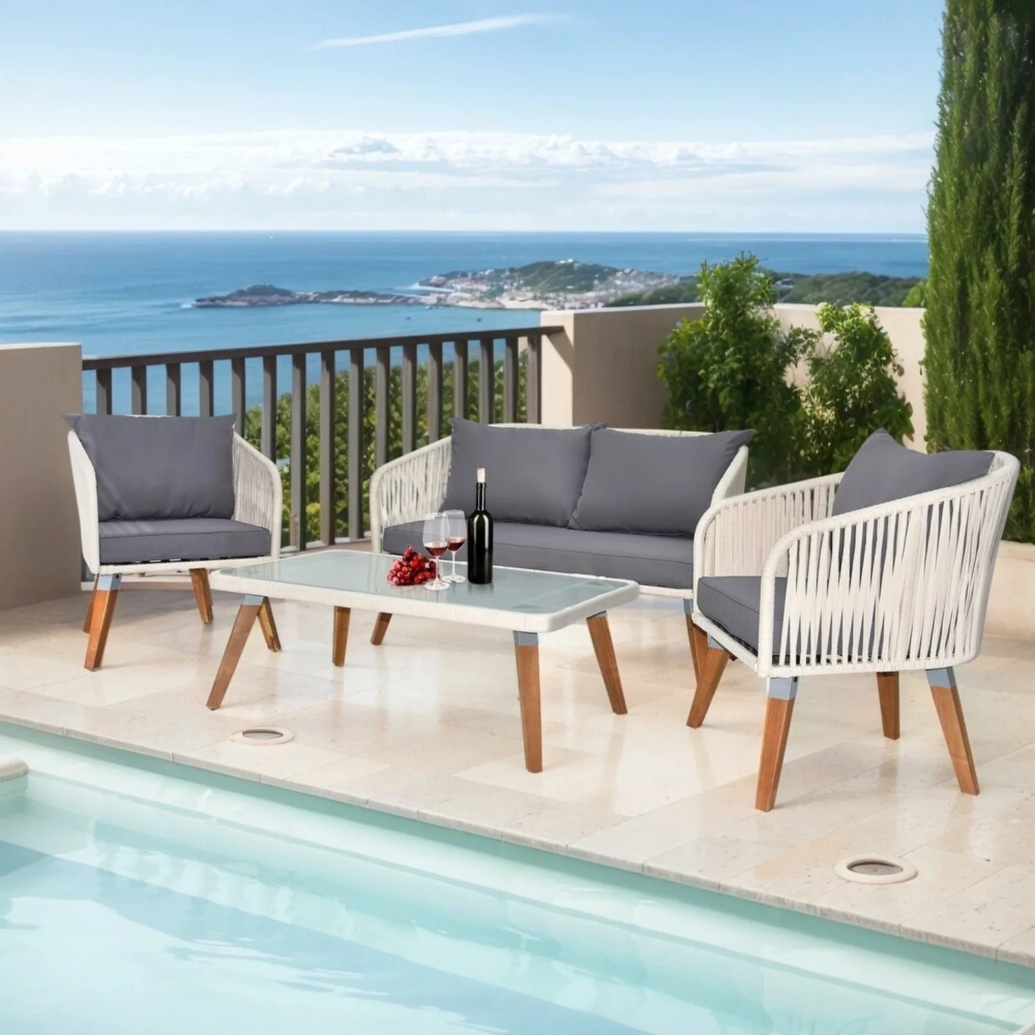 Outdoor Rope 4-Piece Sofa Set (White & Grey) - Image 12