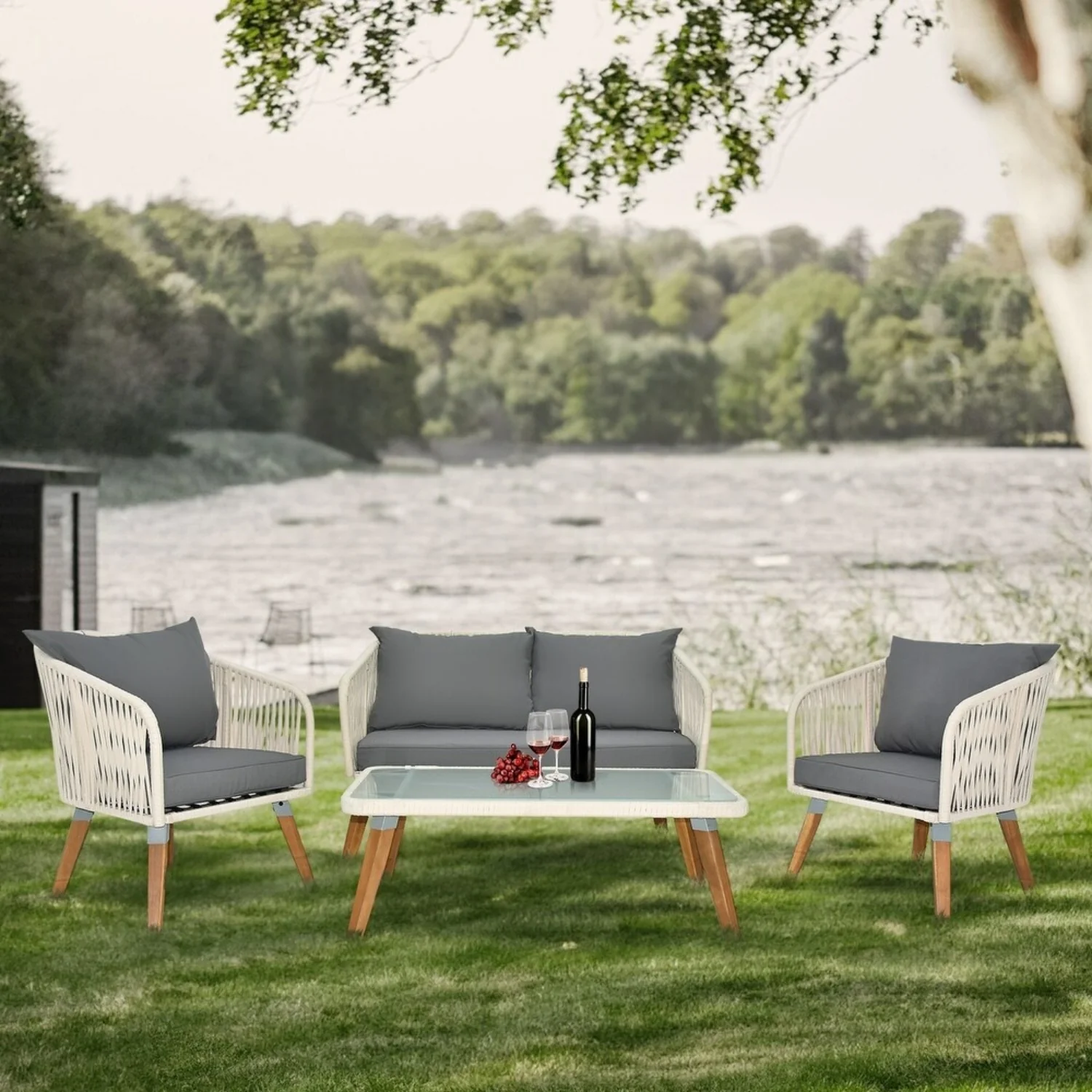 Outdoor Rope 4-Piece Sofa Set (White & Grey) - Image 4