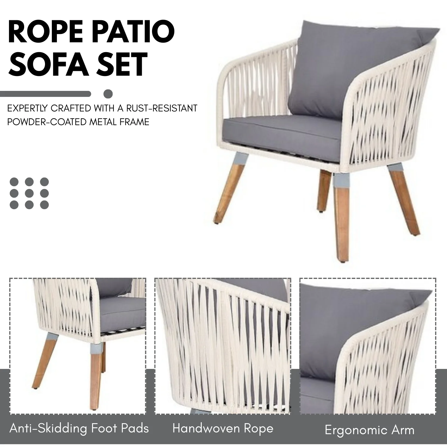 Outdoor Rope 4-Piece Sofa Set (White & Grey) - Image 6
