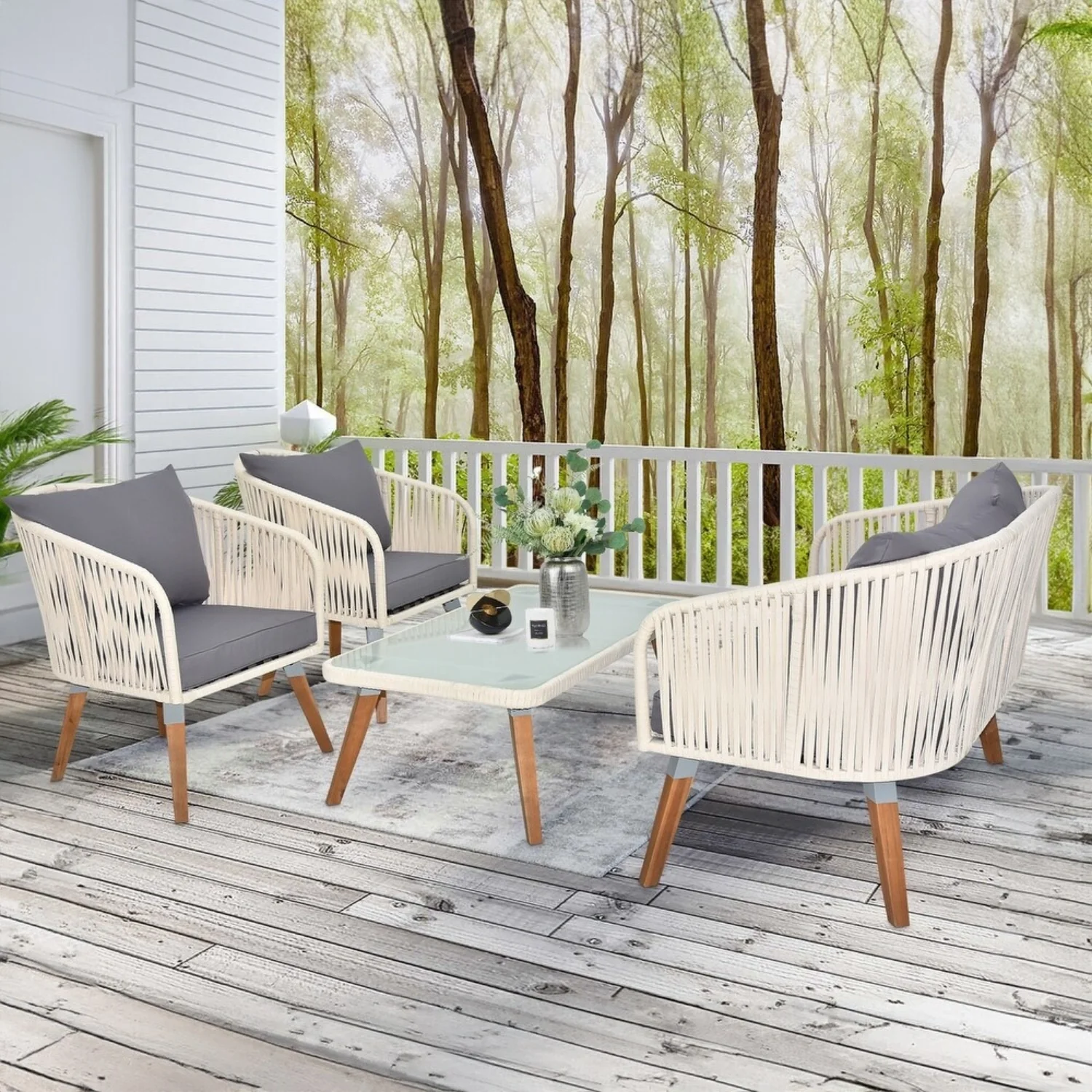 Outdoor Rope 4-Piece Sofa Set (White & Grey) - Image 9