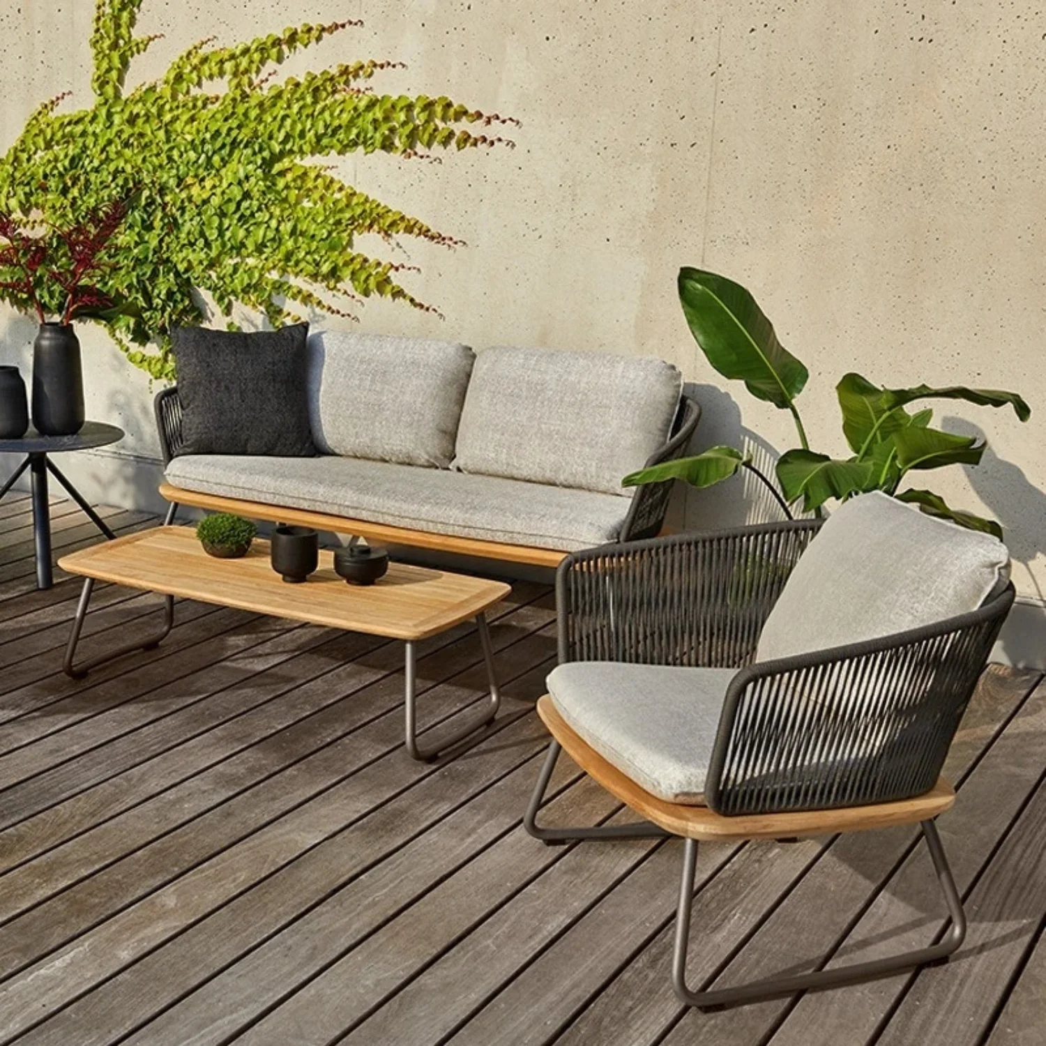 Outdoor Rope 4-Piece Sofa Set With Wooden Top Table - Image 12
