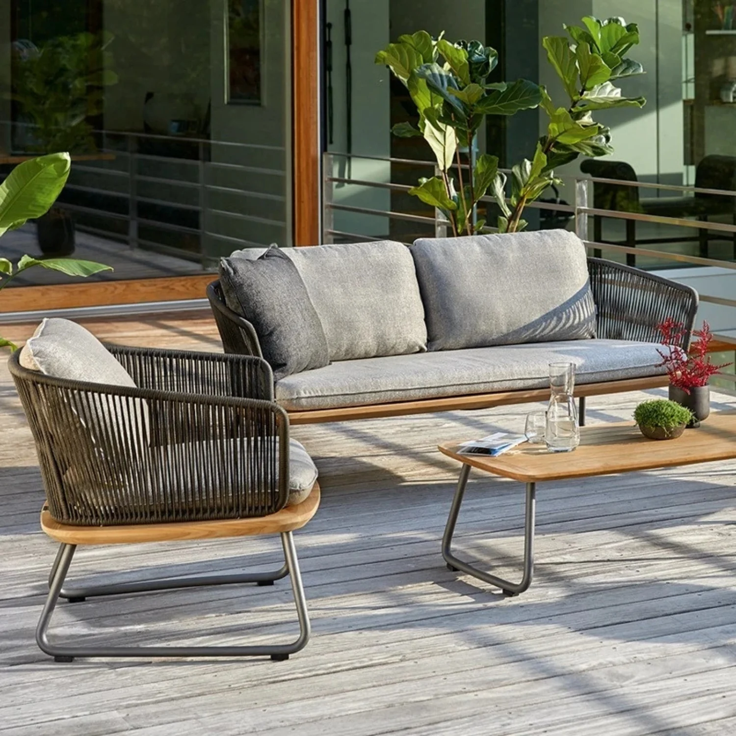 Outdoor Rope 4-Piece Sofa Set With Wooden Top Table - Image 13