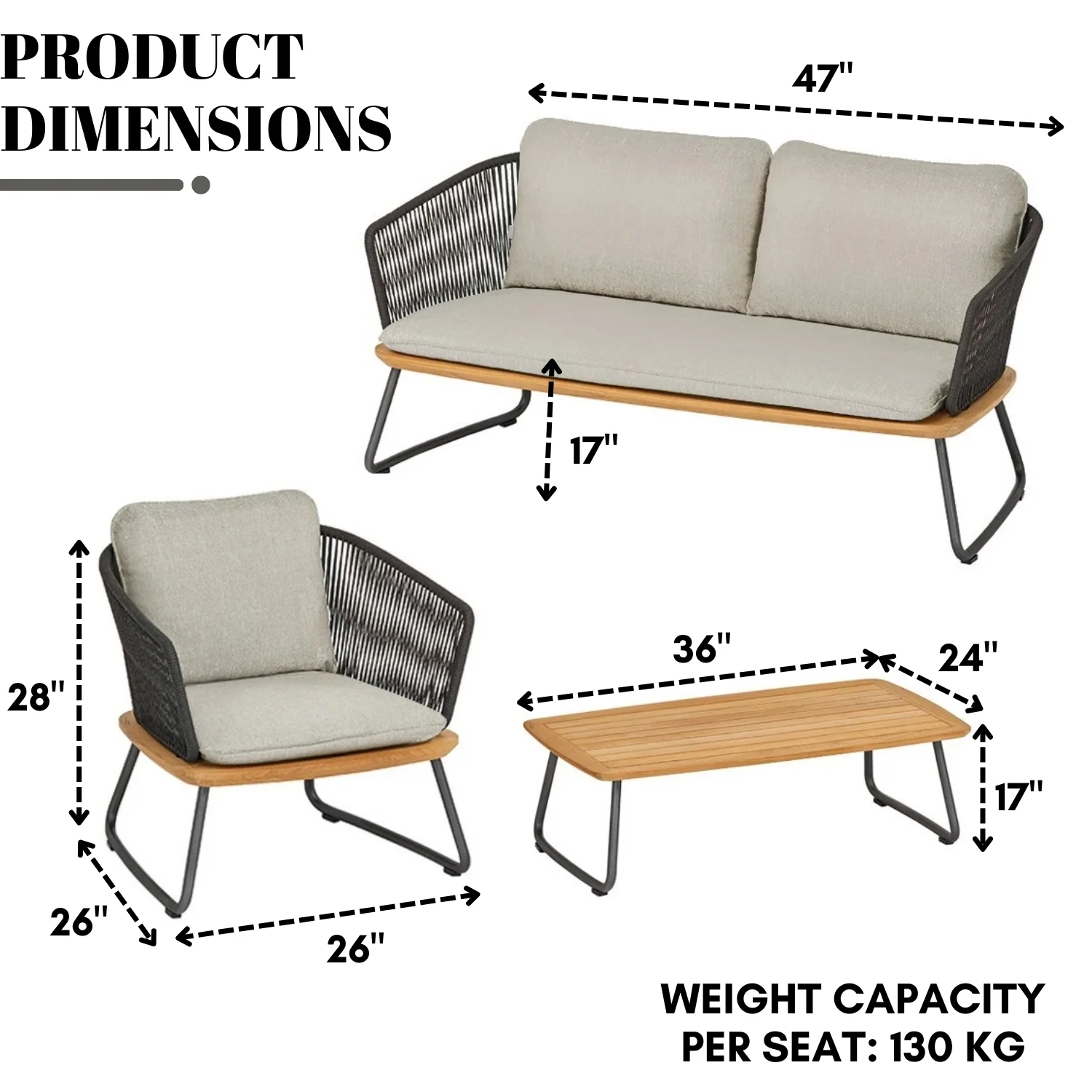 Outdoor Rope 4-Piece Sofa Set With Wooden Top Table - Image 2