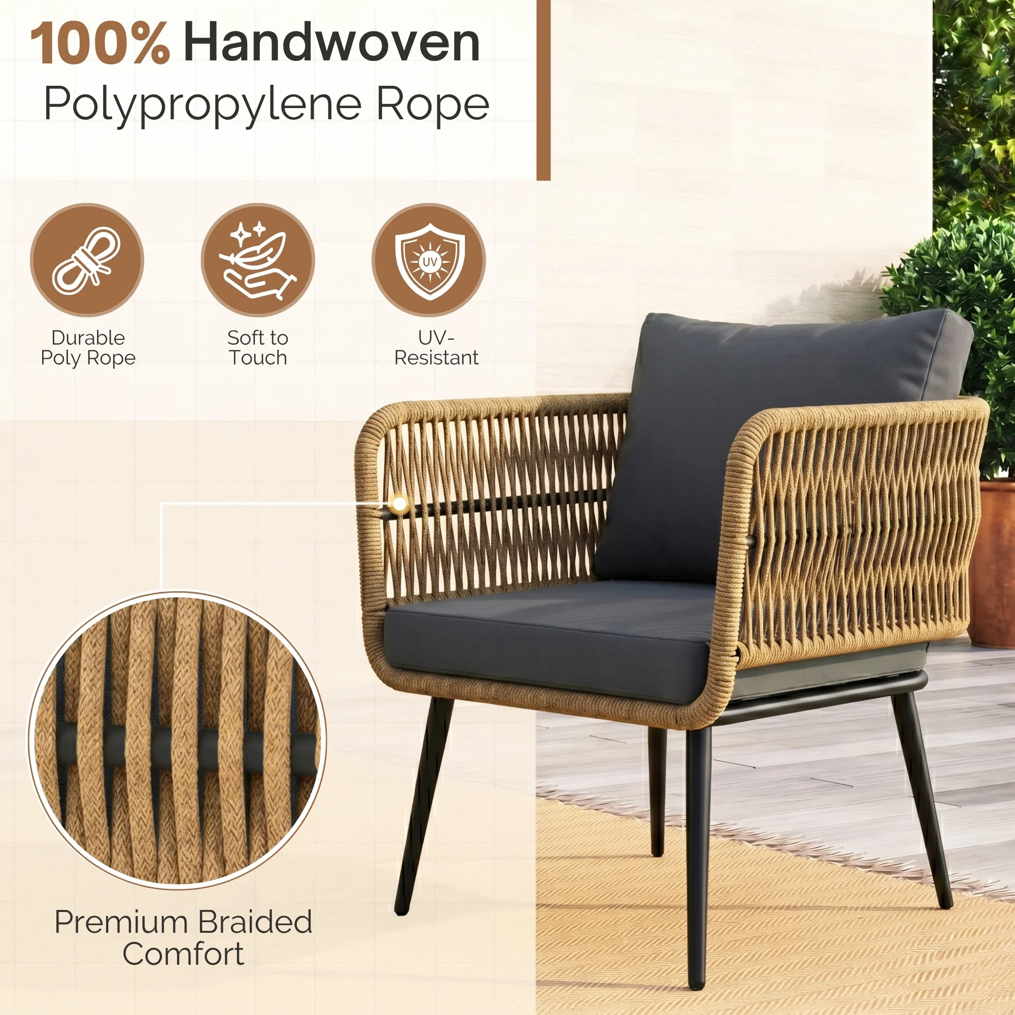 Outdoor Rope 4 Seater Conversation Furniture Set (Beige & Dark Grey) - Image 4