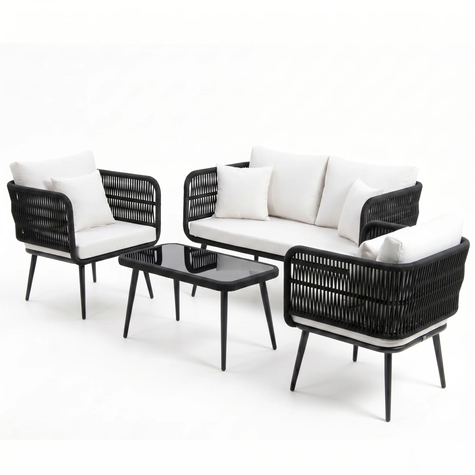 Outdoor Rope 4 Seater Conversation Furniture Set (Black & White) - Image 10