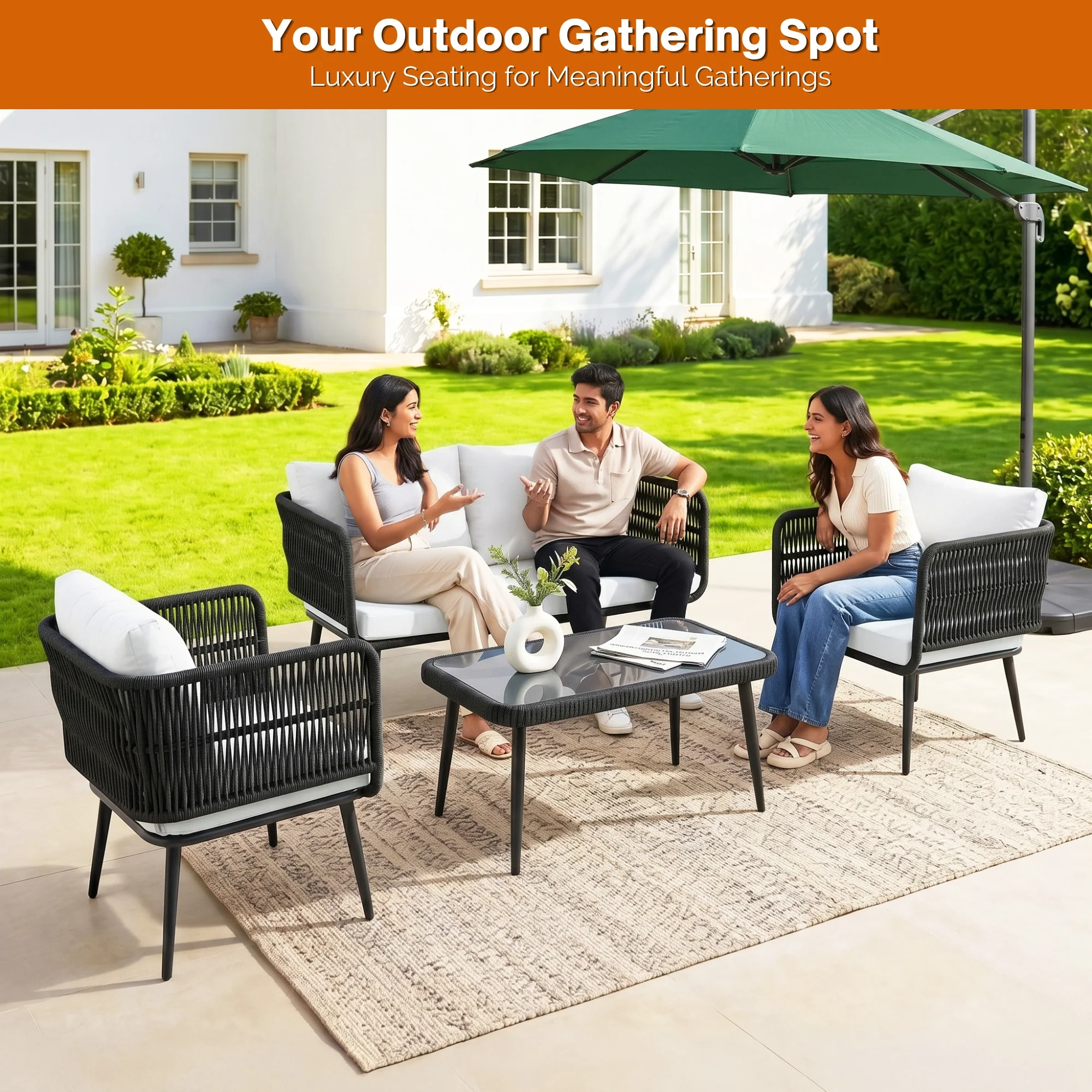 Outdoor Rope 4 Seater Conversation Furniture Set (Black & White) - Image 11