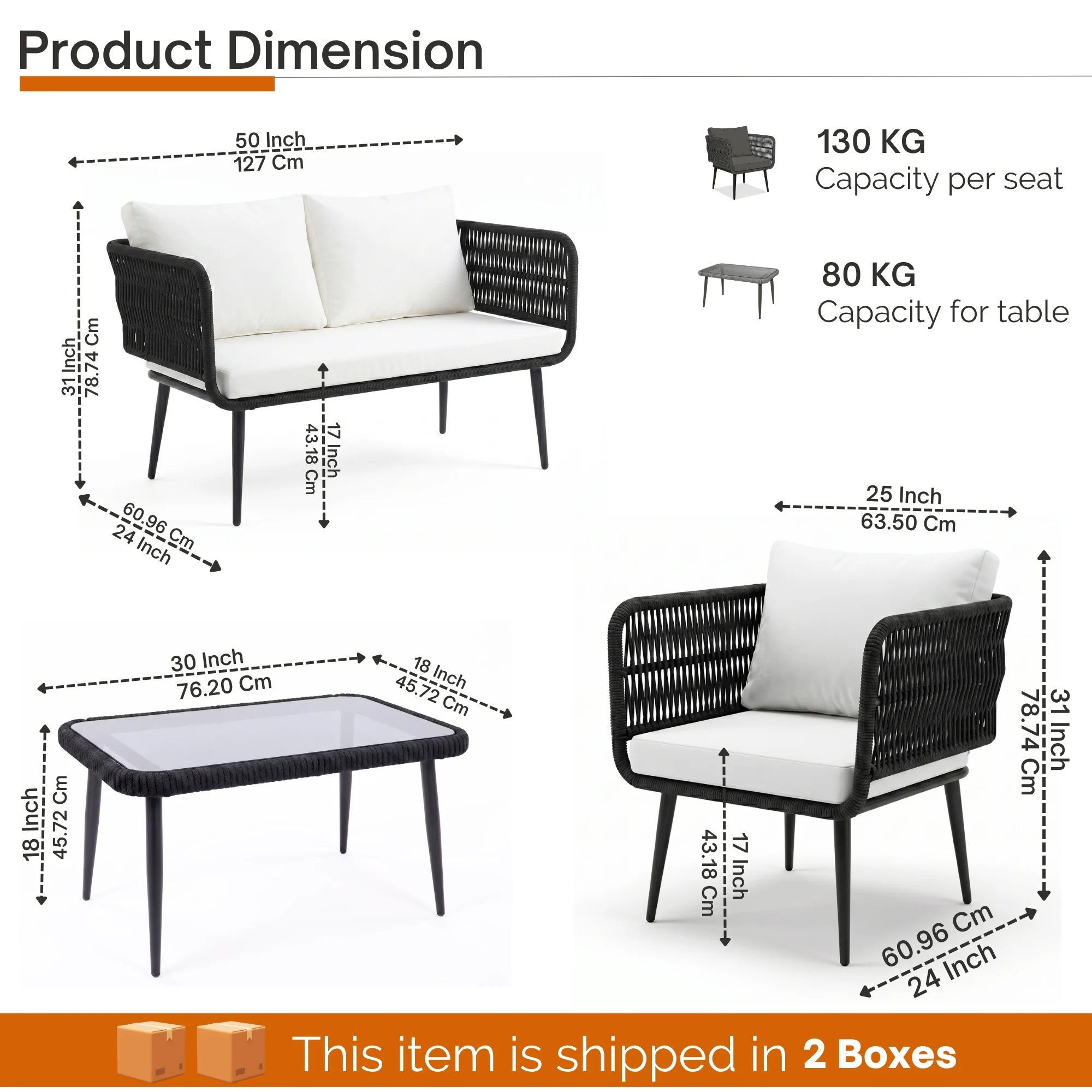 Outdoor Rope 4 Seater Conversation Furniture Set (Black & White) - Image 2