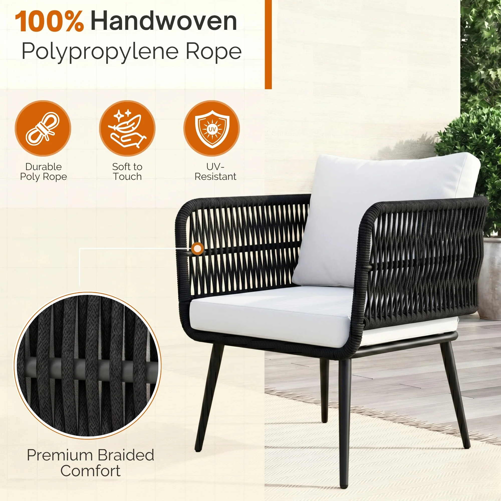 Outdoor Rope 4 Seater Conversation Furniture Set (Black & White) - Image 4