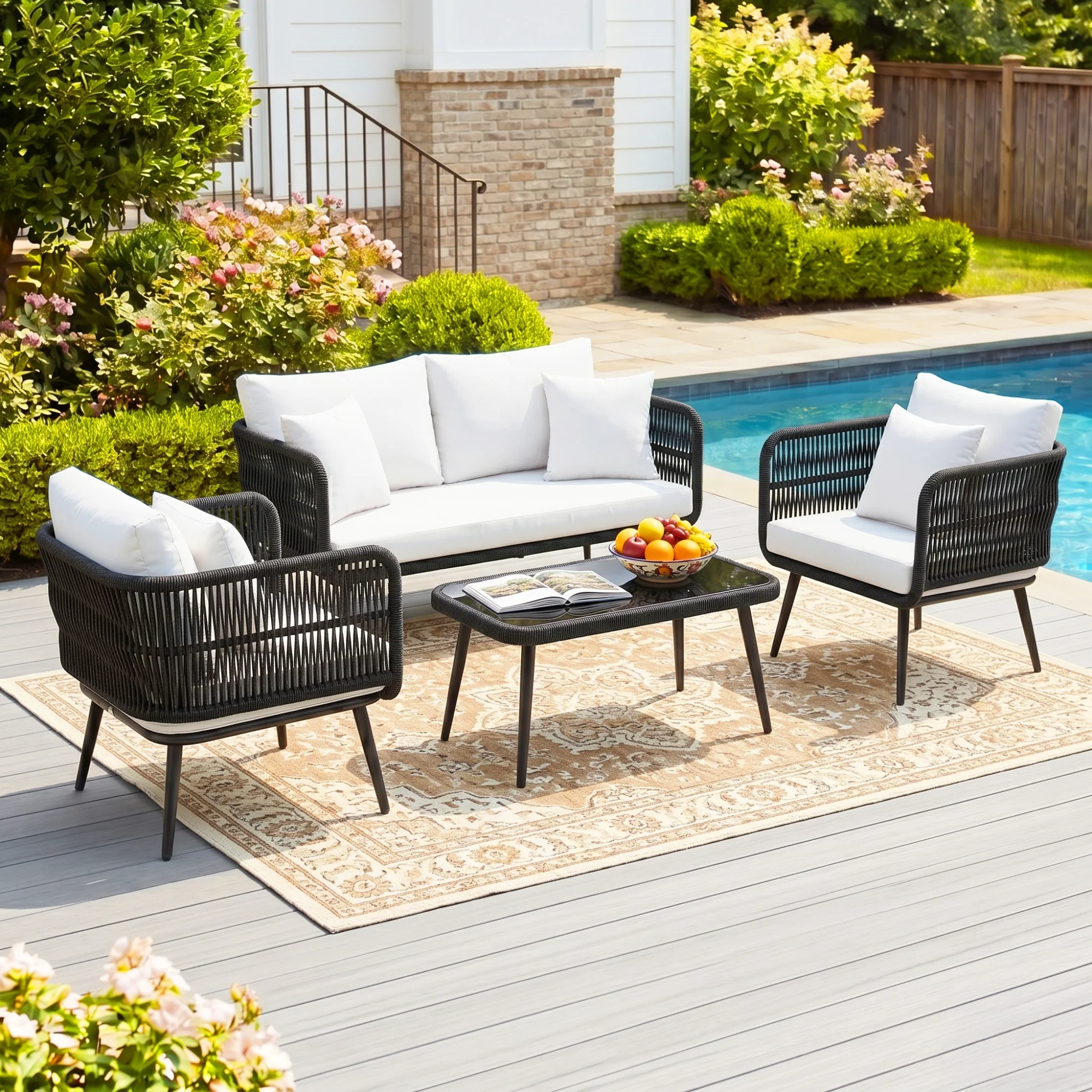 Outdoor Rope 4 Seater Conversation Furniture Set (Black & White) - Image 9