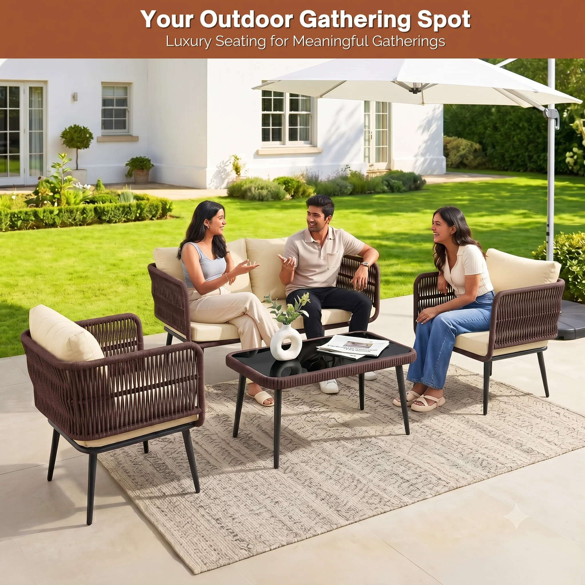 Outdoor Rope 4 Seater Conversation Furniture Set (Brown & Cream) - Image 9