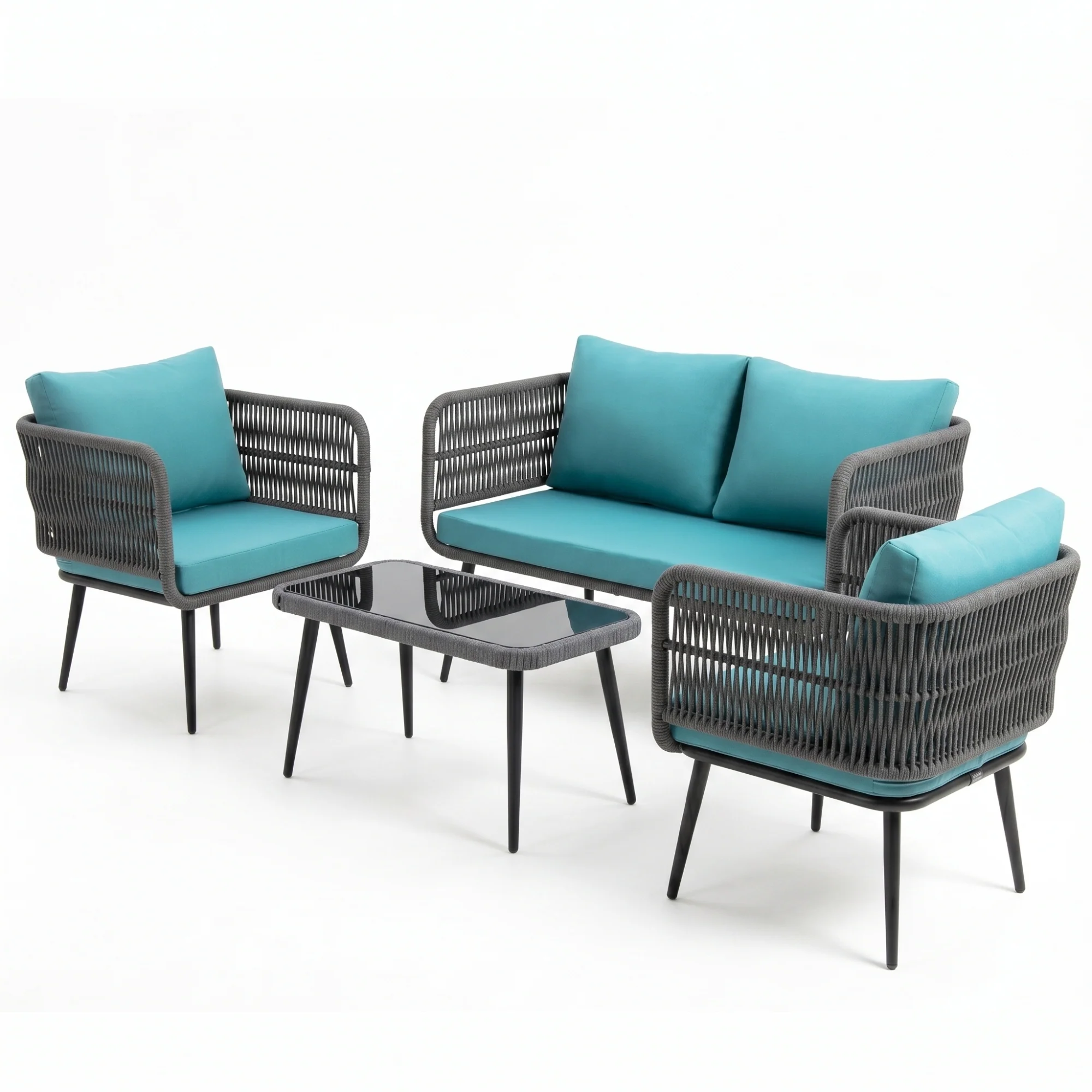 Outdoor Rope 4 Seater Conversation Furniture Set (Grey & Sky-Blue) - Image 10