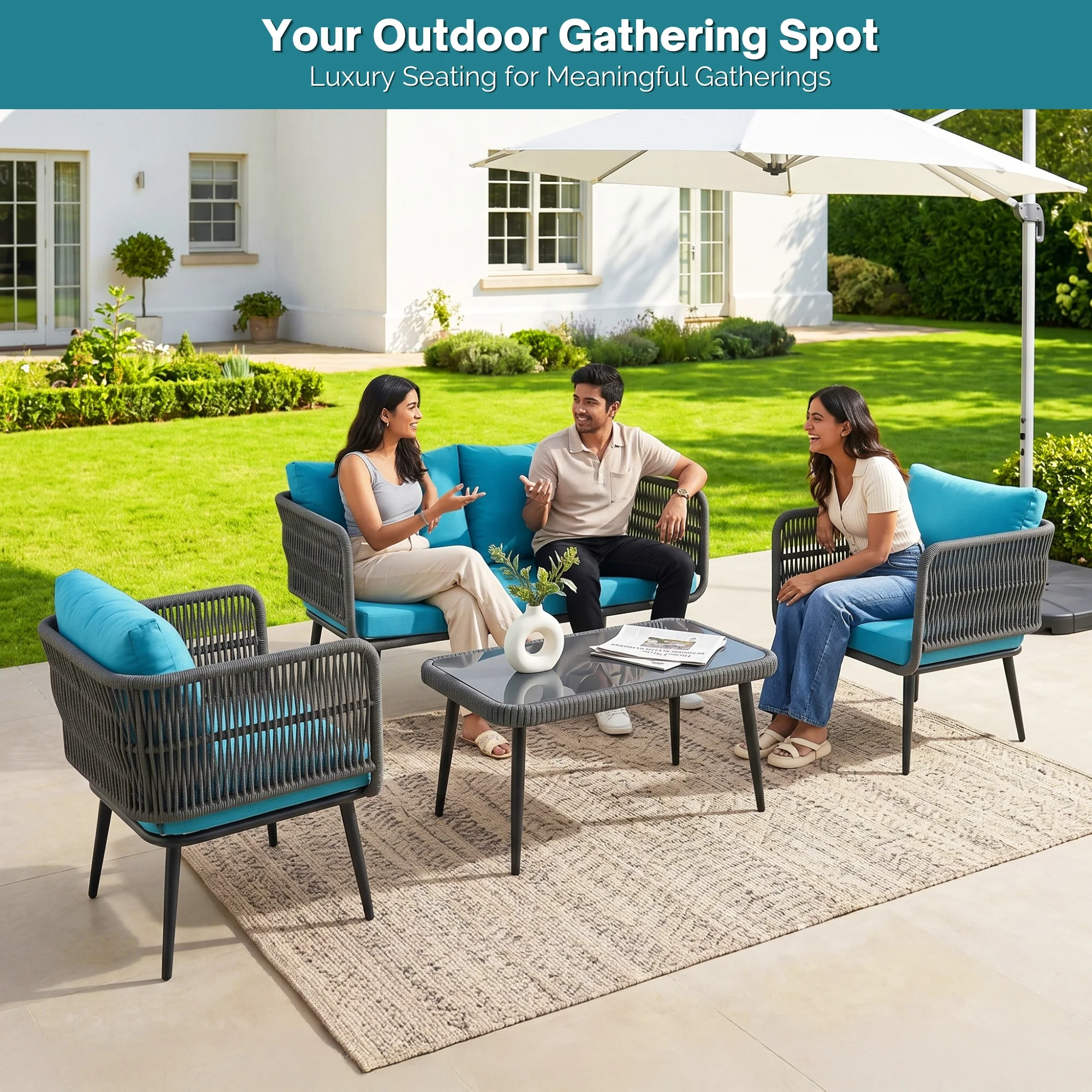 Outdoor Rope 4 Seater Conversation Furniture Set (Grey & Sky-Blue) - Image 11