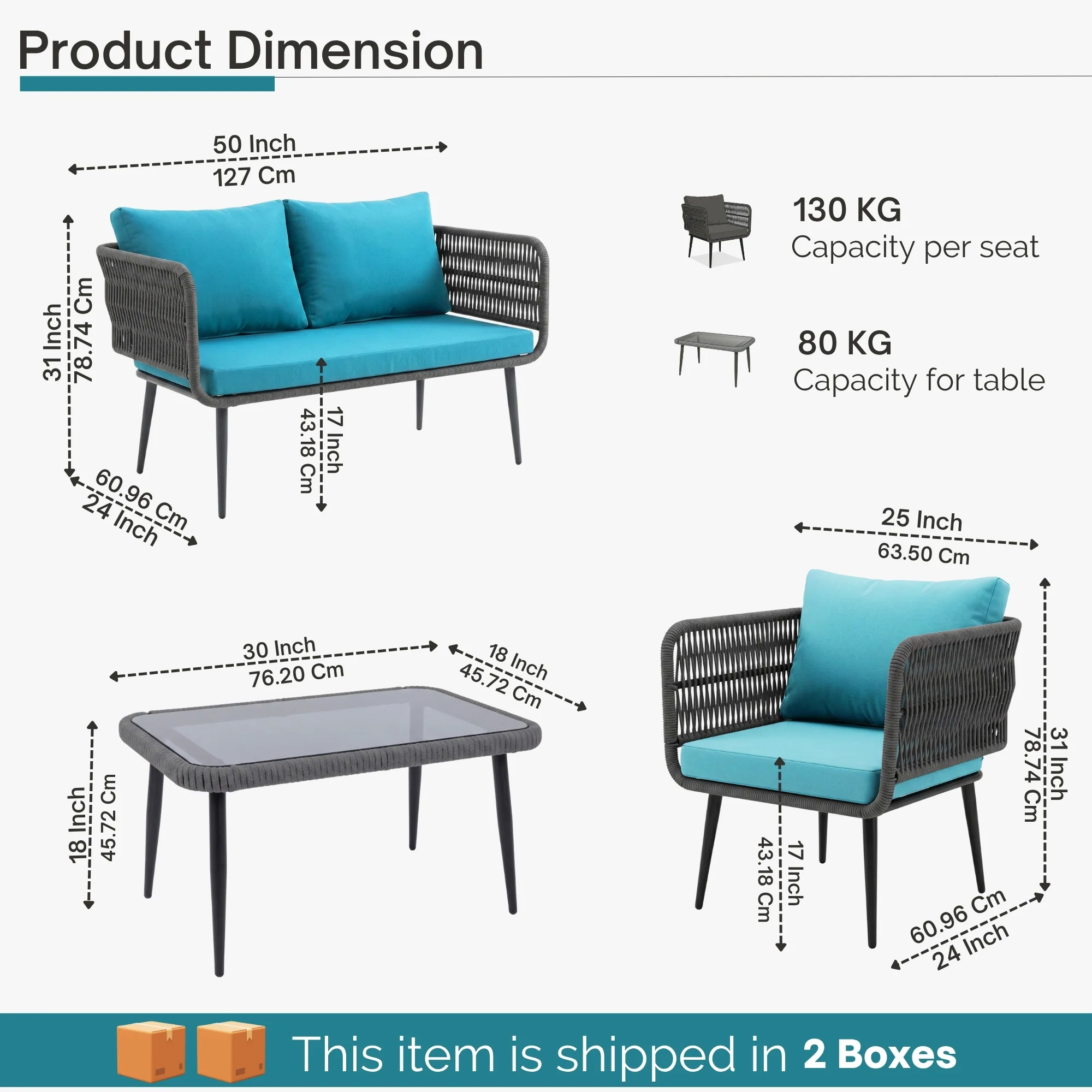 Outdoor Rope 4 Seater Conversation Furniture Set (Grey & Sky-Blue) - Image 2