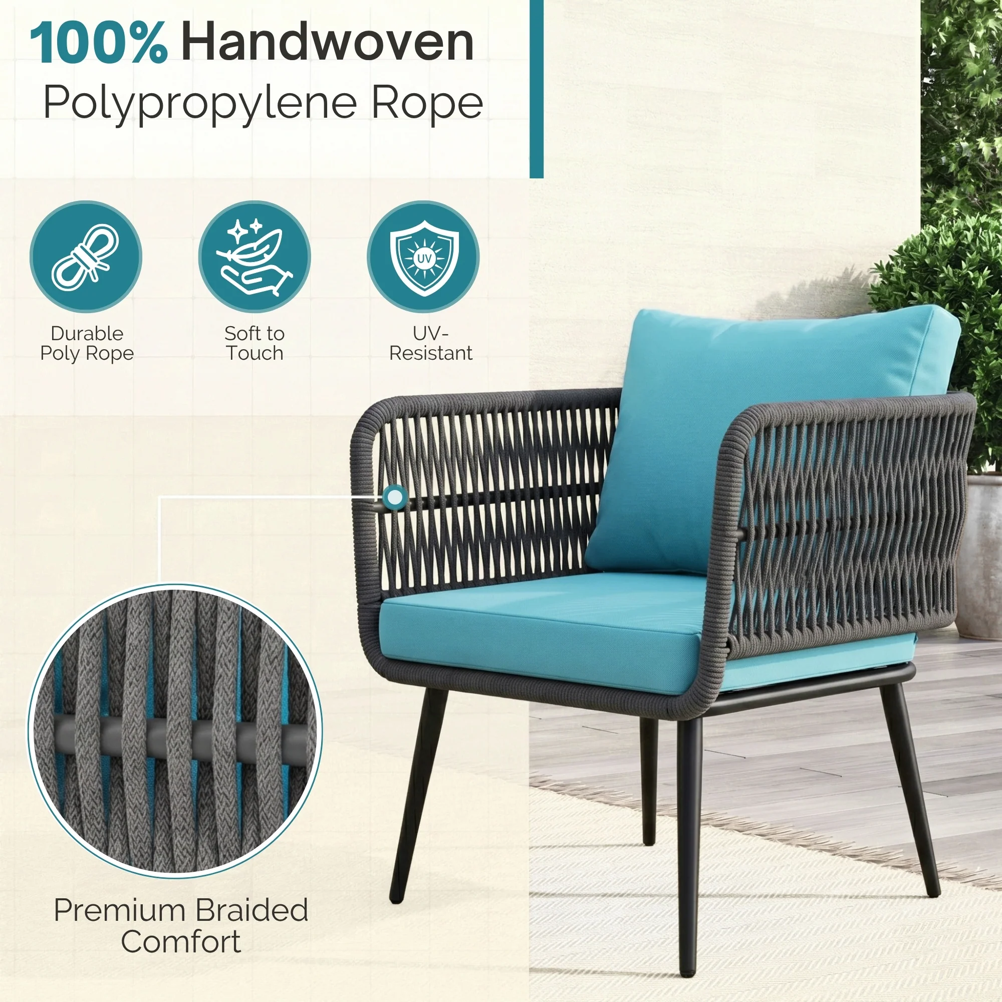 Outdoor Rope 4 Seater Conversation Furniture Set (Grey & Sky-Blue) - Image 4