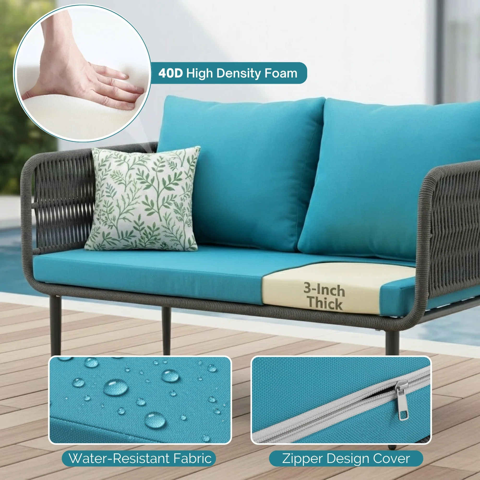Outdoor Rope 4 Seater Conversation Furniture Set (Grey & Sky-Blue) - Image 5