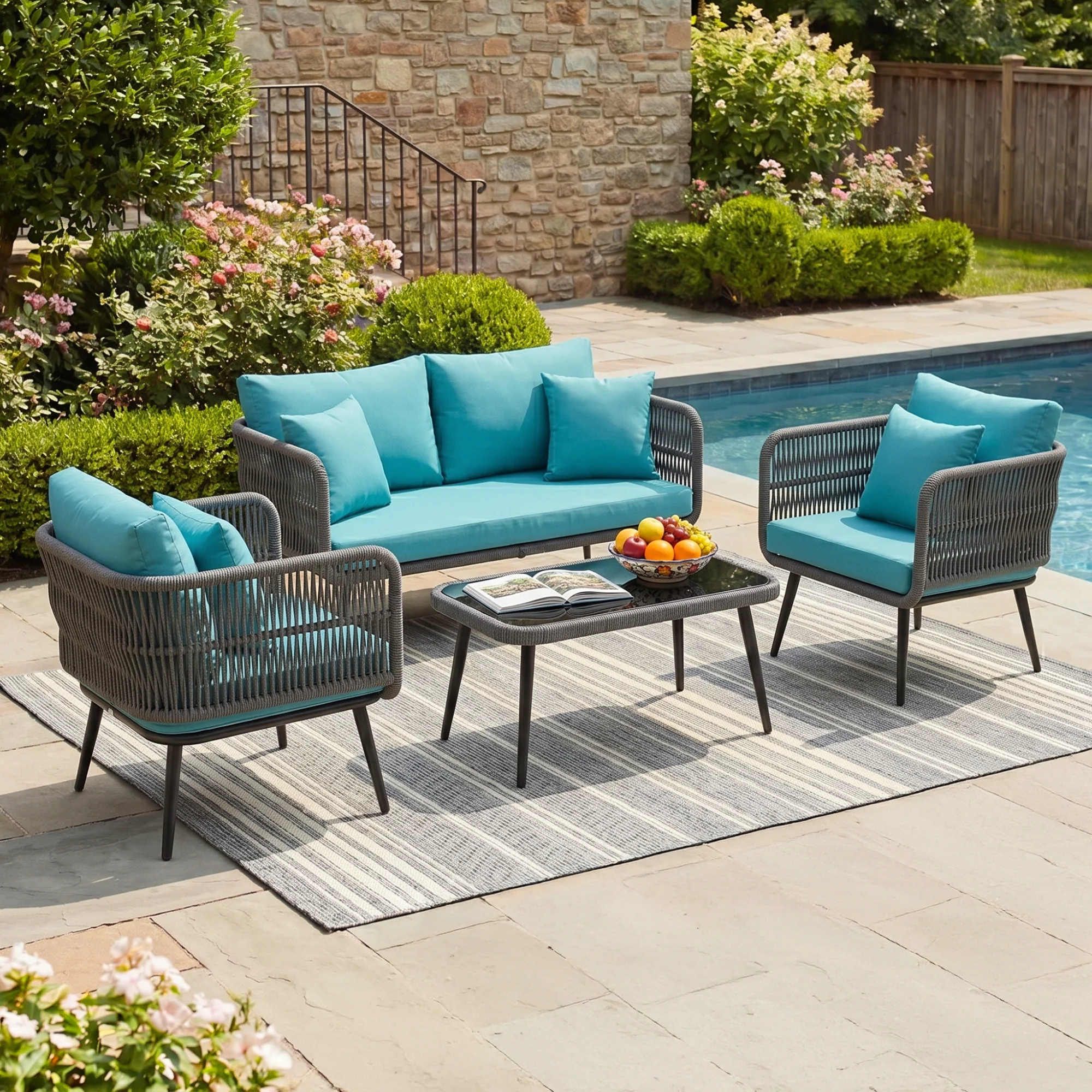 Outdoor Rope 4 Seater Conversation Furniture Set (Grey & Sky-Blue) - Image 9