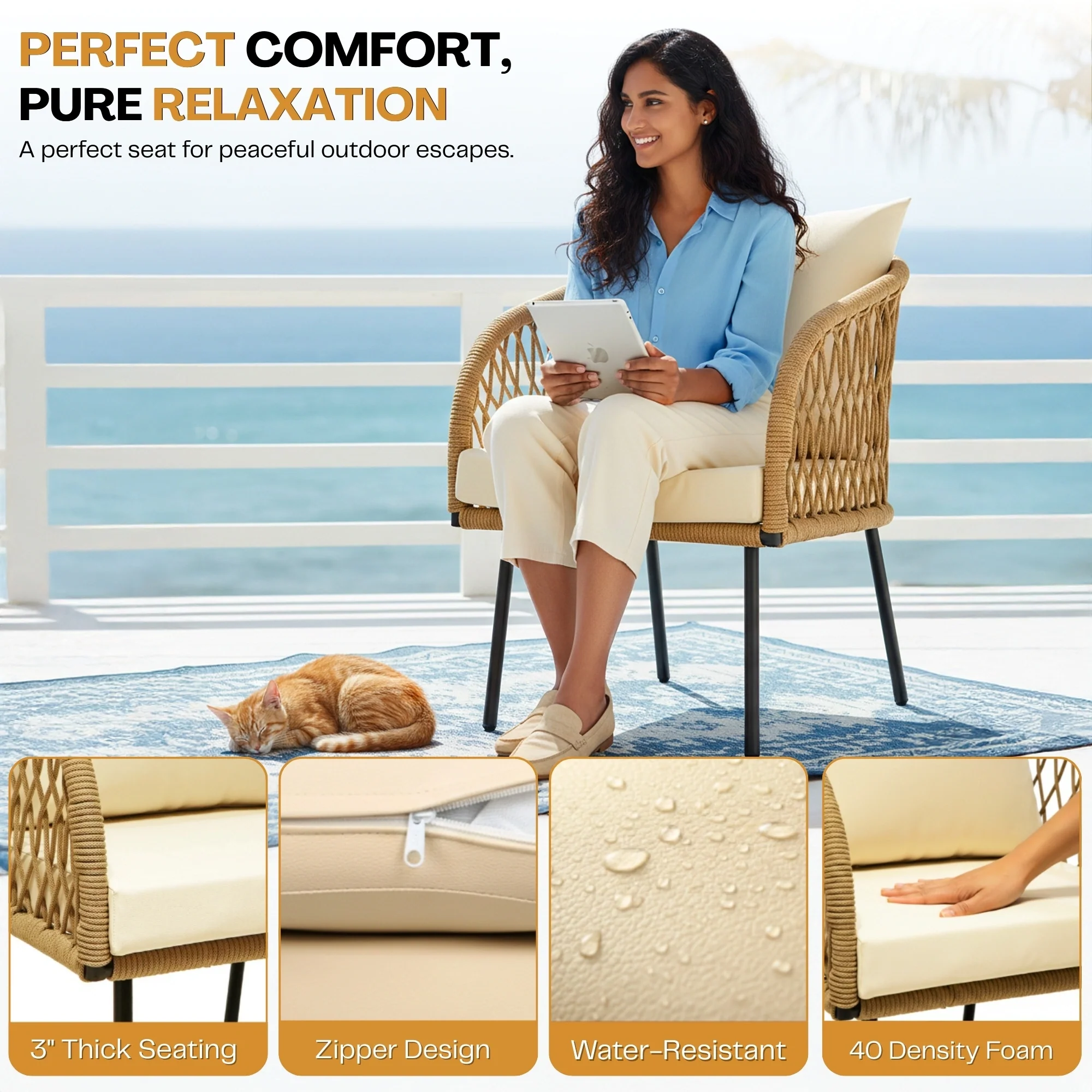 Outdoor Rope 4-Seater Sofa Set with Glass Top Table (Beige & Cream) - Image 6