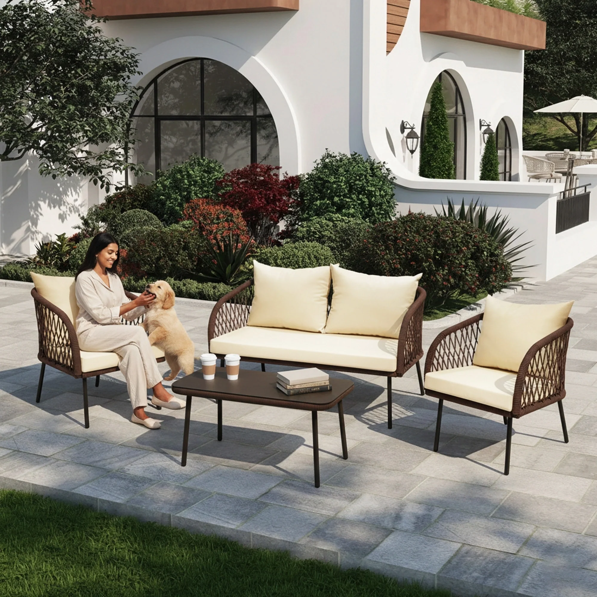 Outdoor Rope 4-Seater Sofa Set with Glass Top Table (Brown & Cream)