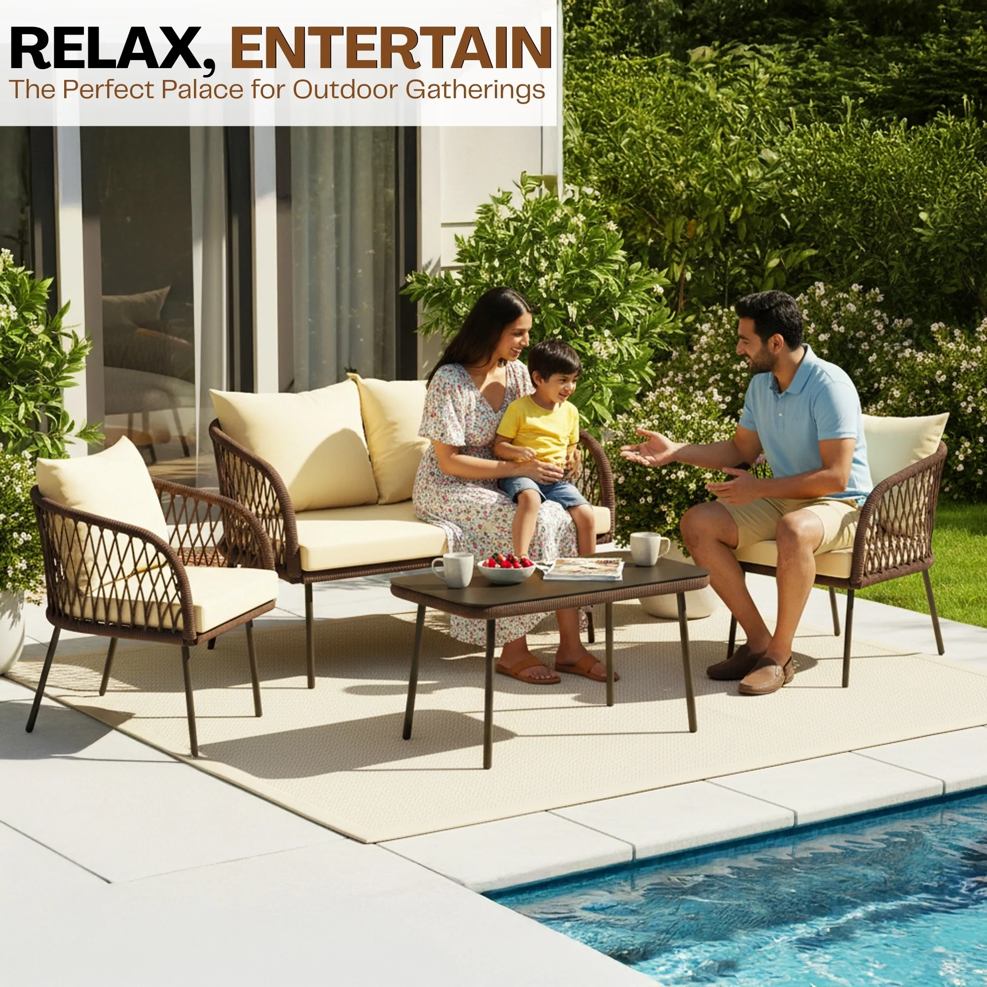 Outdoor Rope 4-Seater Sofa Set with Glass Top Table (Brown & Cream) - Image 10