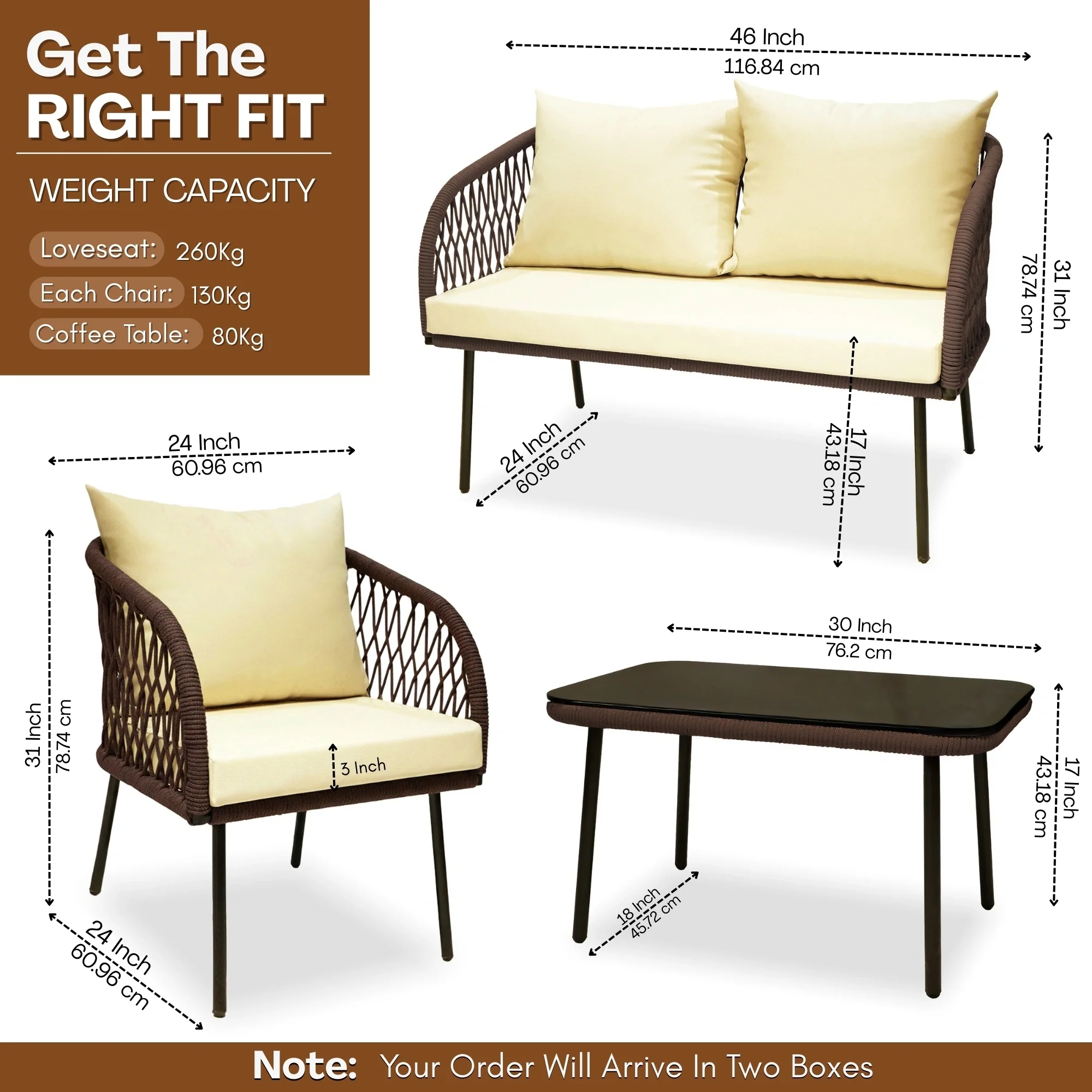 Outdoor Rope 4-Seater Sofa Set with Glass Top Table (Brown & Cream) - Image 3