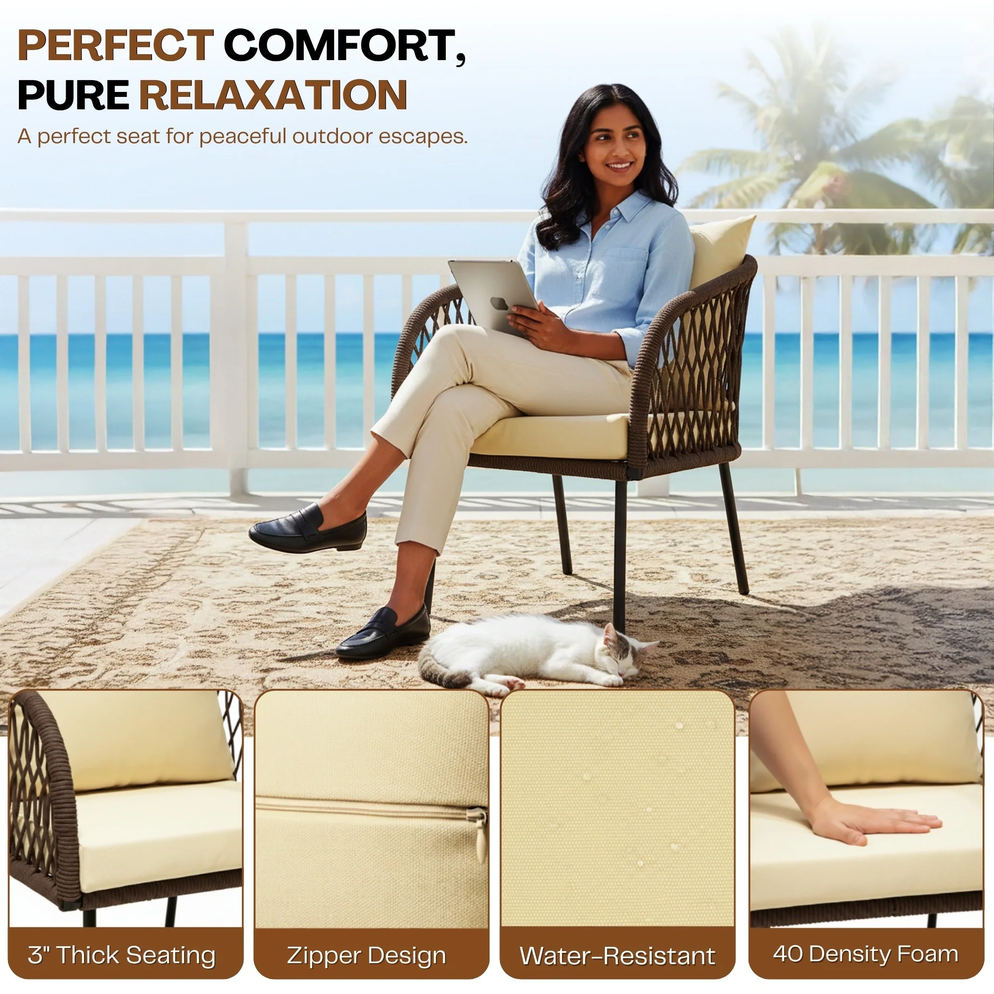 Outdoor Rope 4-Seater Sofa Set with Glass Top Table (Brown & Cream) - Image 6