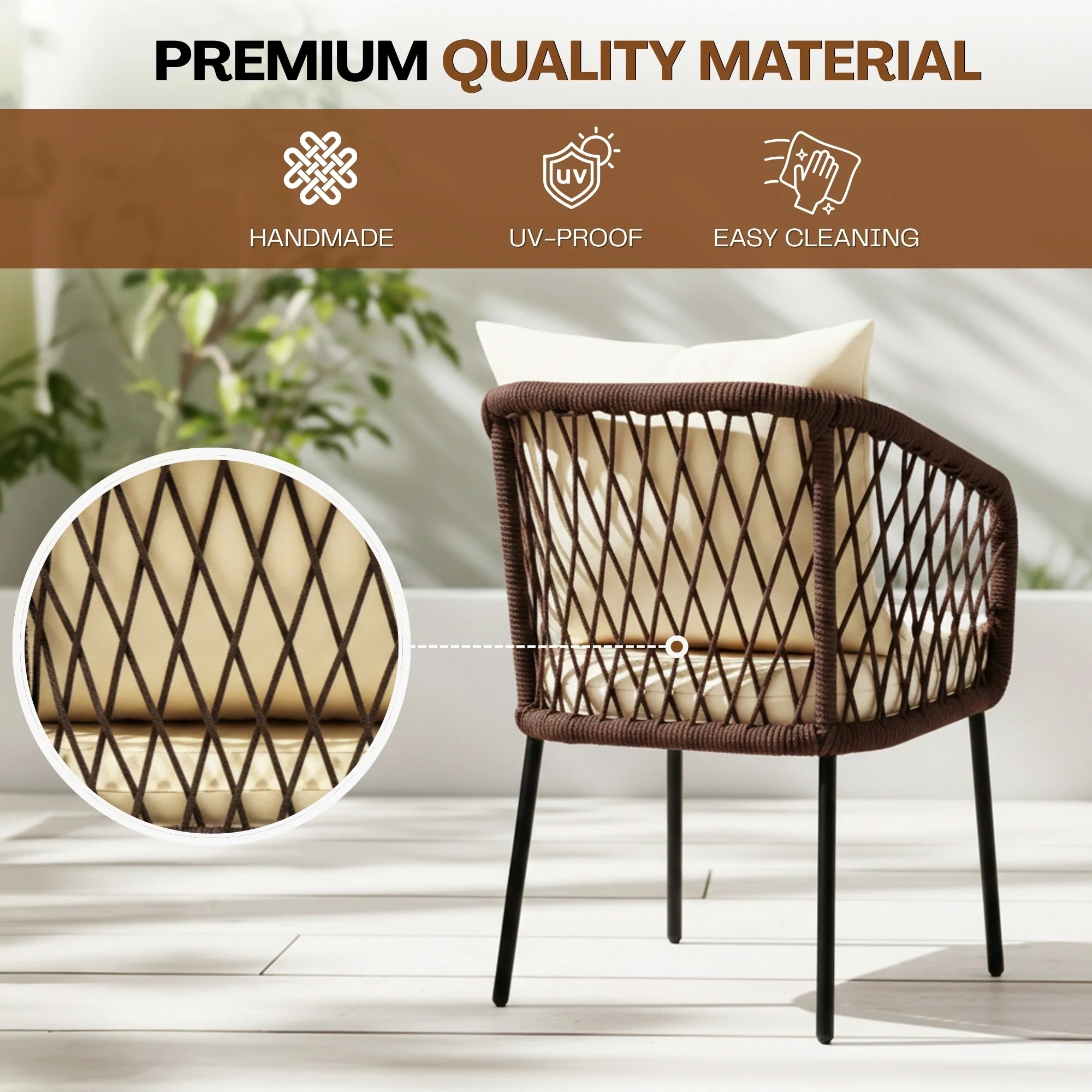 Outdoor Rope 4-Seater Sofa Set with Glass Top Table (Brown & Cream) - Image 7