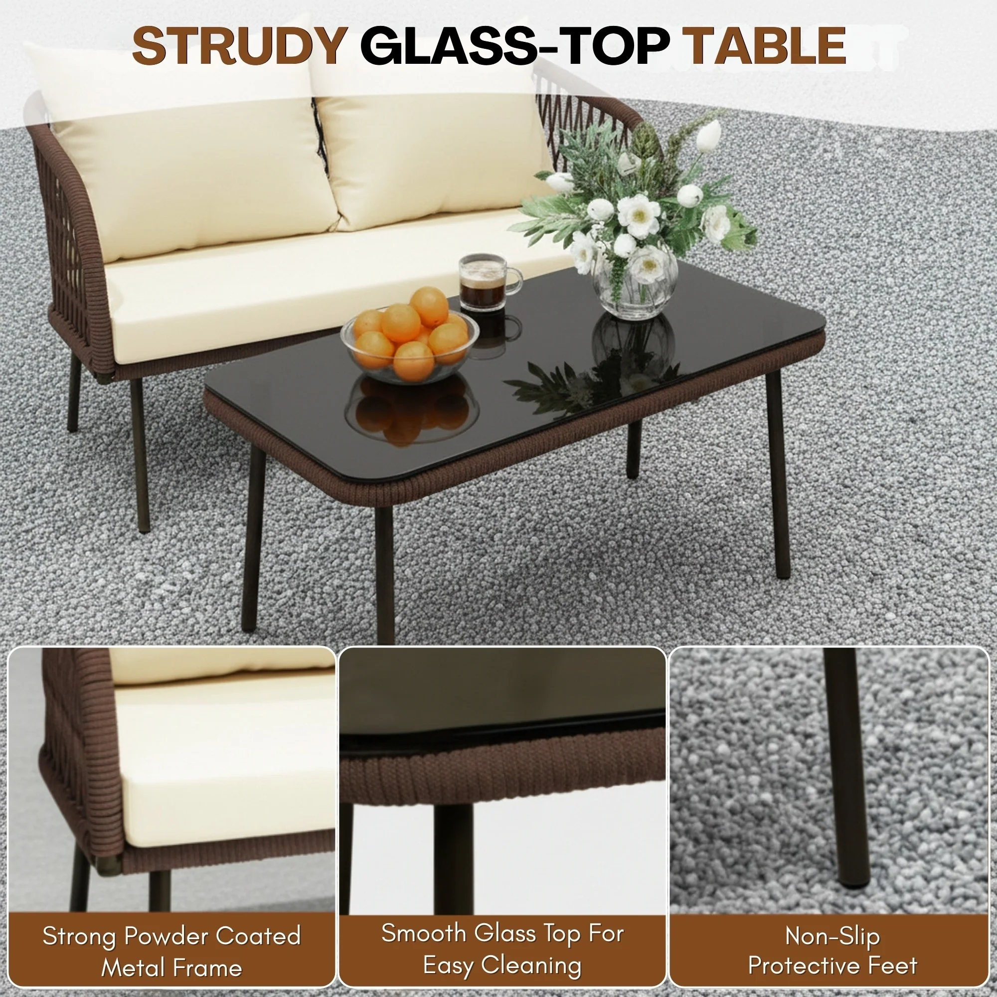 Outdoor Rope 4-Seater Sofa Set with Glass Top Table (Brown & Cream) - Image 8