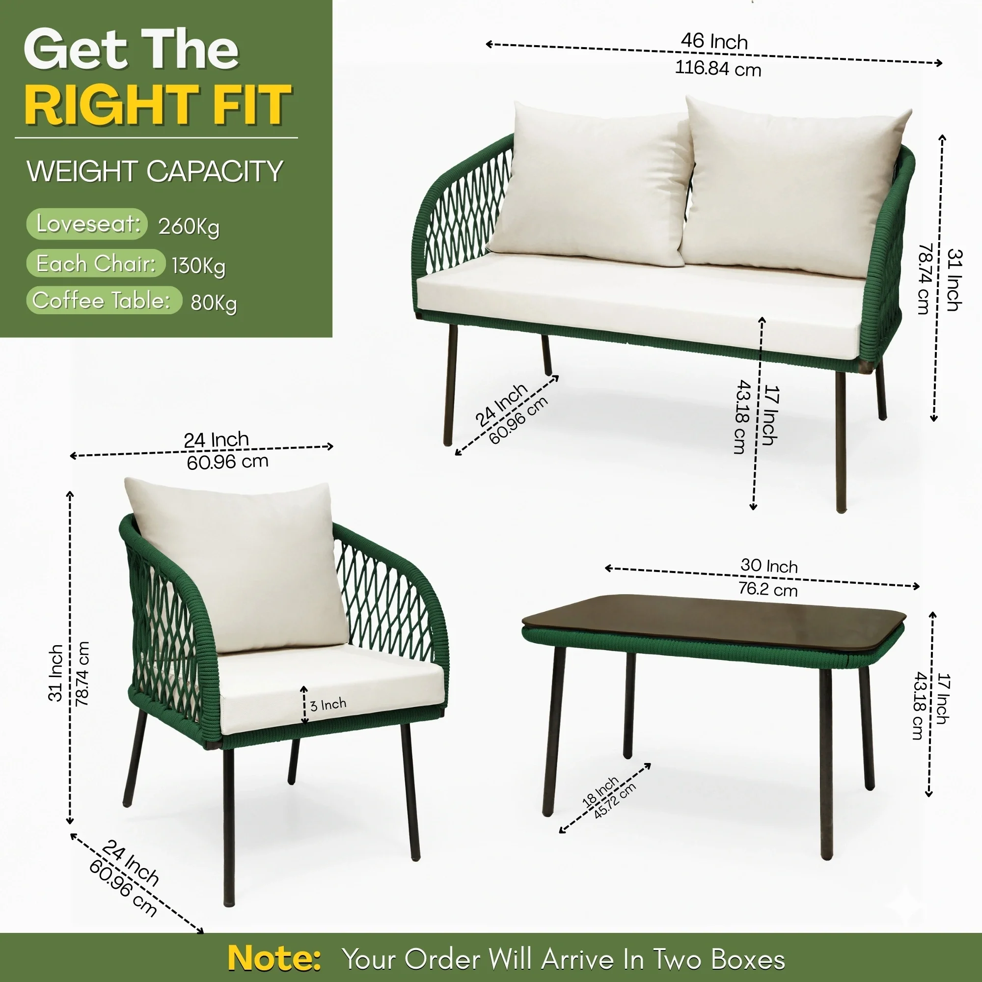 Outdoor Rope 4-Seater Sofa Set with Glass Top Table (Green & Off-white) - Image 3