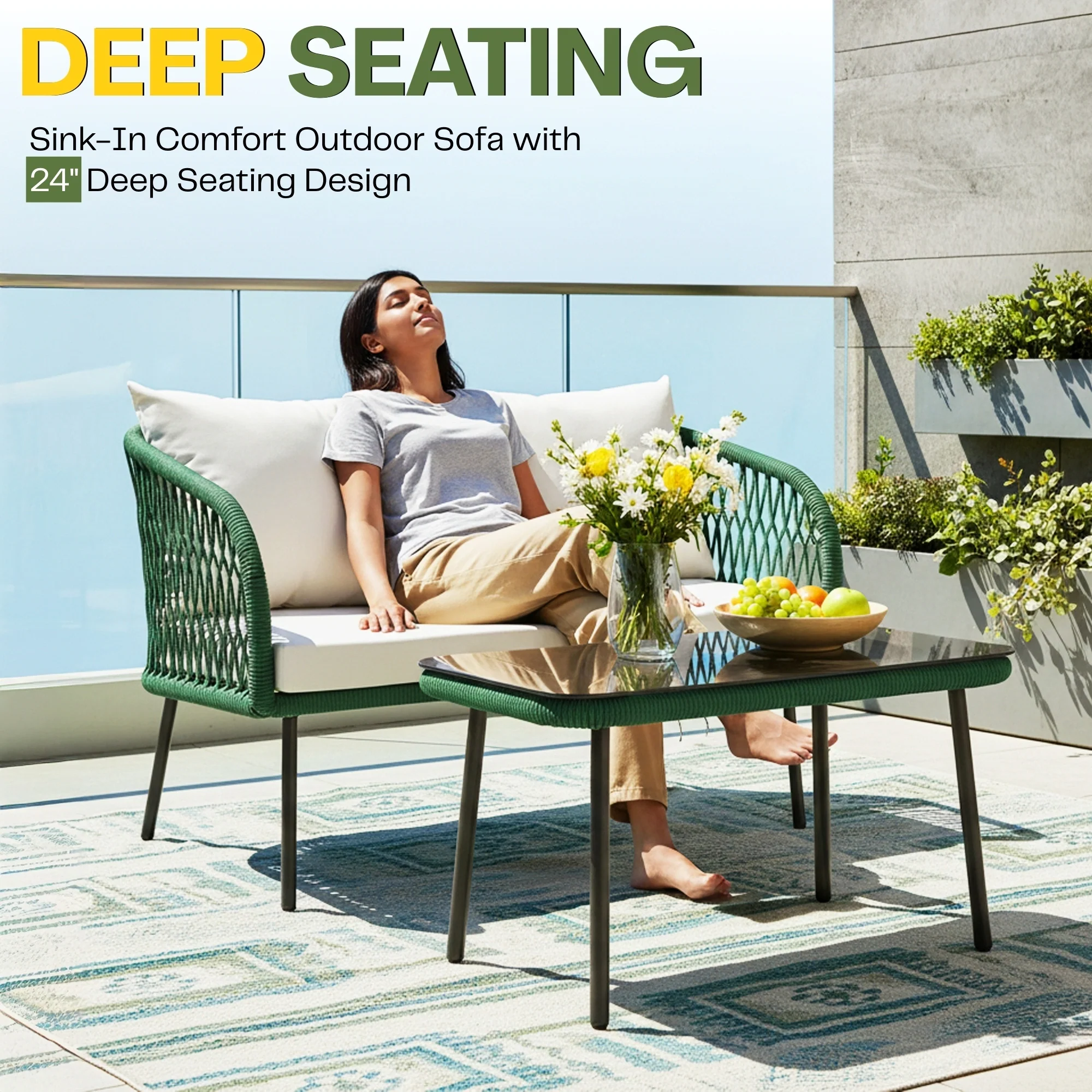 Outdoor Rope 4-Seater Sofa Set with Glass Top Table (Green & Off-white) - Image 5