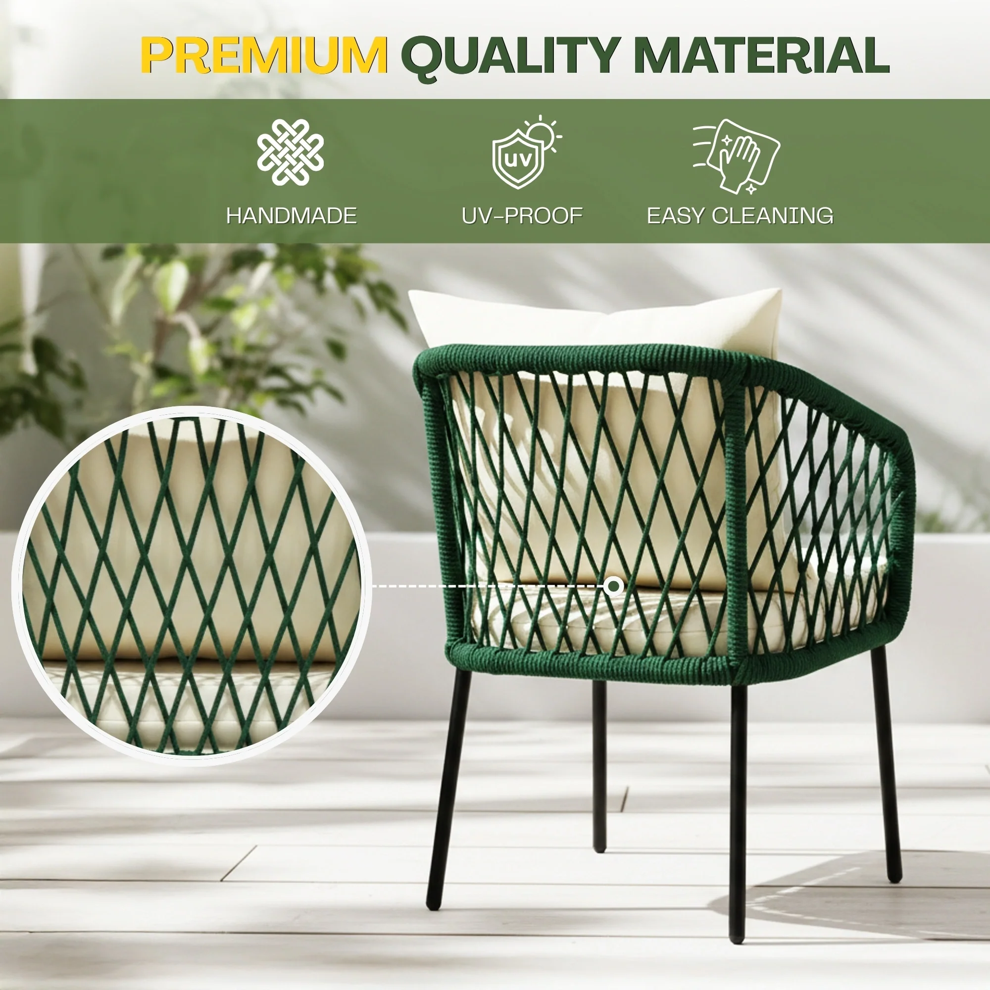 Outdoor Rope 4-Seater Sofa Set with Glass Top Table (Green & Off-white) - Image 7