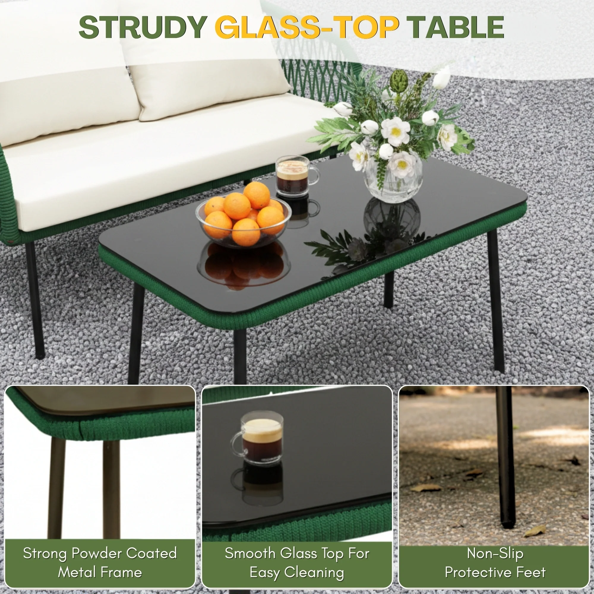 Outdoor Rope 4-Seater Sofa Set with Glass Top Table (Green & Off-white) - Image 8