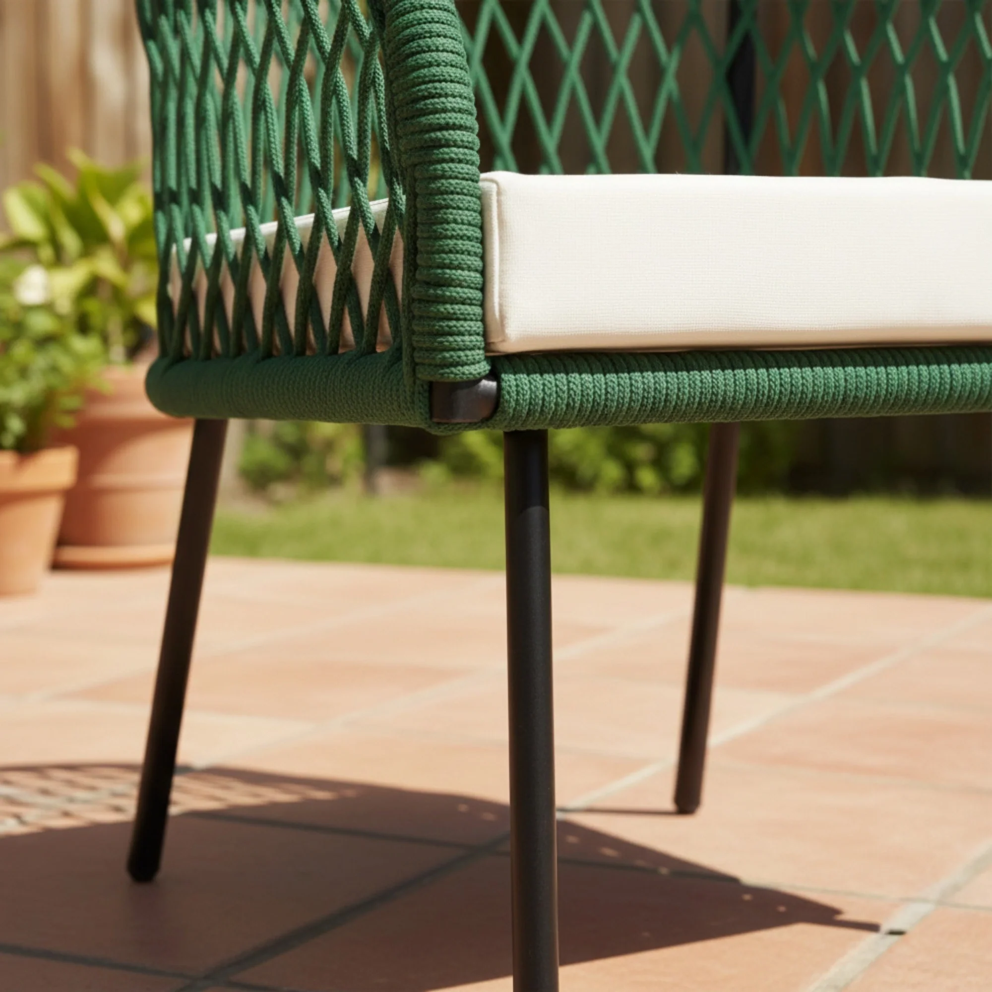 Outdoor Rope 4-Seater Sofa Set with Glass Top Table (Green & Off-white) - Image 9