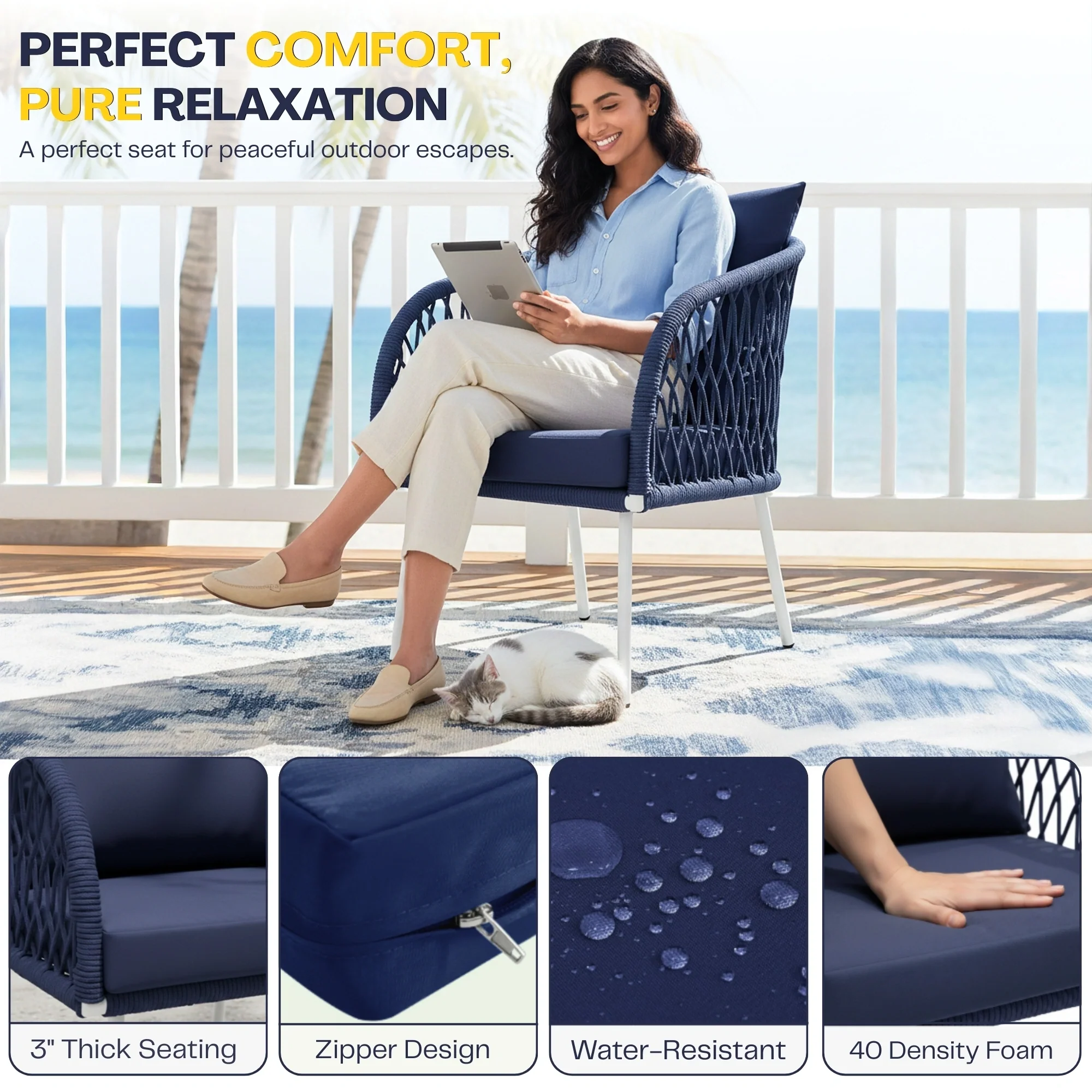 Outdoor Rope 4-Seater Sofa Set with Glass Top Table (Navy-blue & Royal Blue) - Image 6